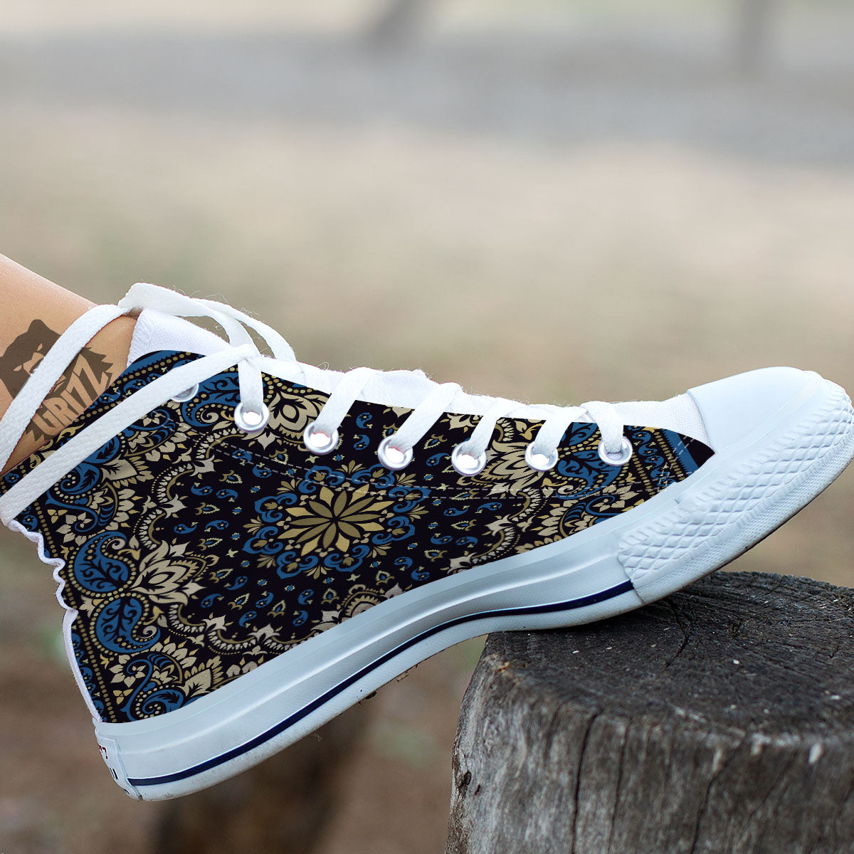 Gold Blue Paisley Bandana Print White High Top Shoes-grizzshop