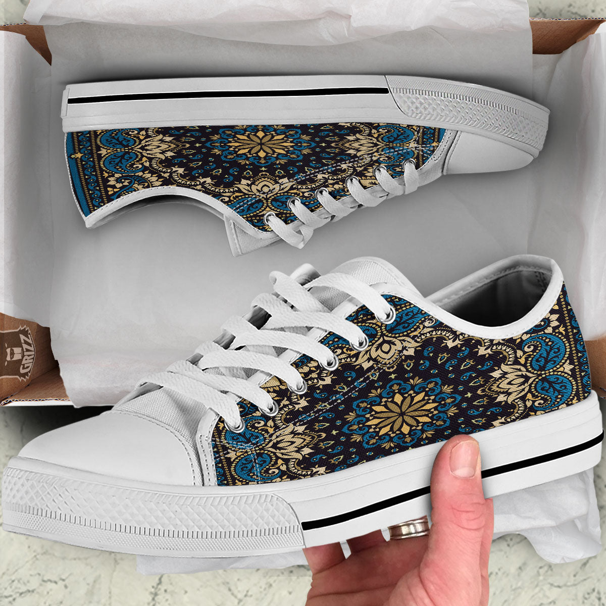 Gold Blue Paisley Bandana Print White Low Top Shoes-grizzshop