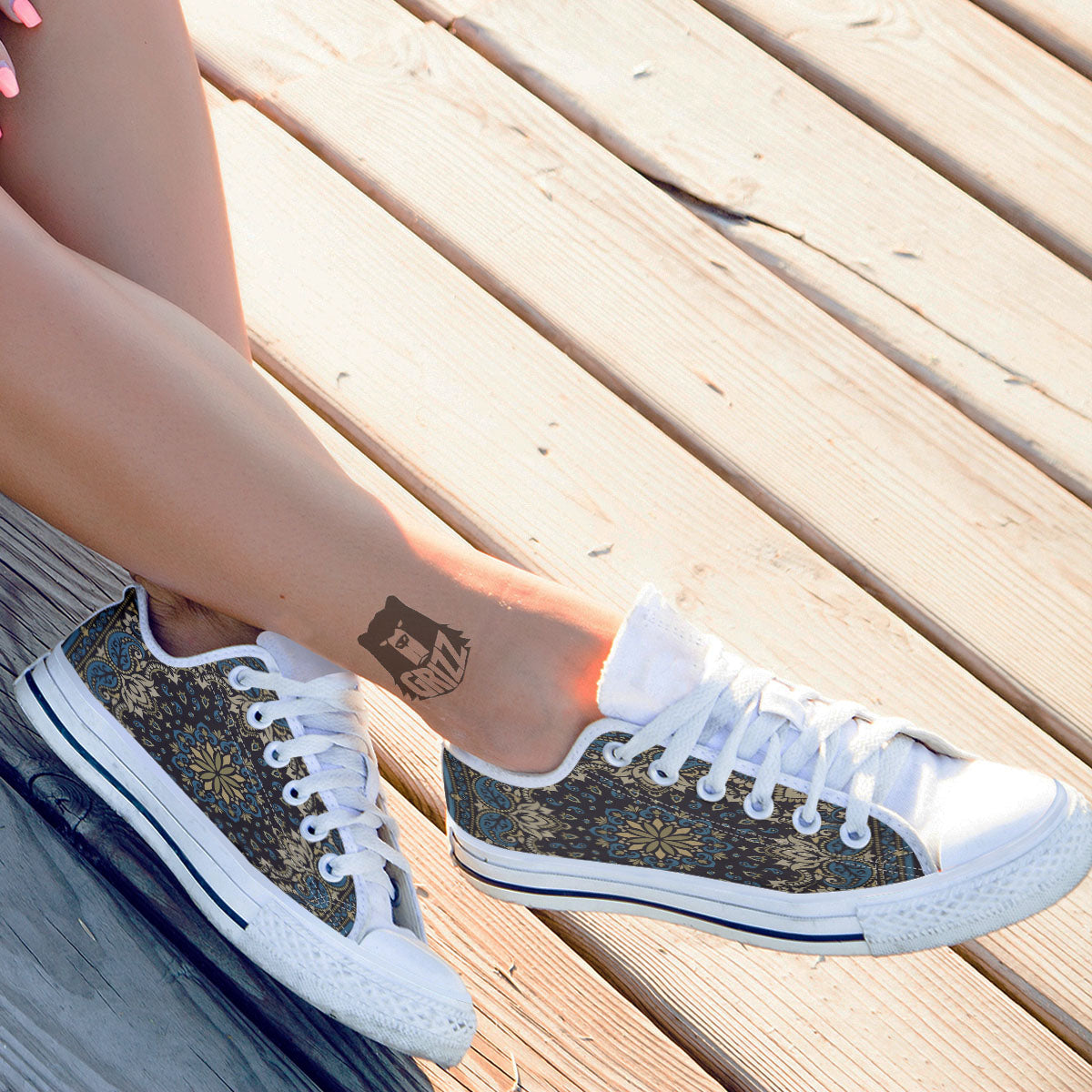 Gold Blue Paisley Bandana Print White Low Top Shoes-grizzshop