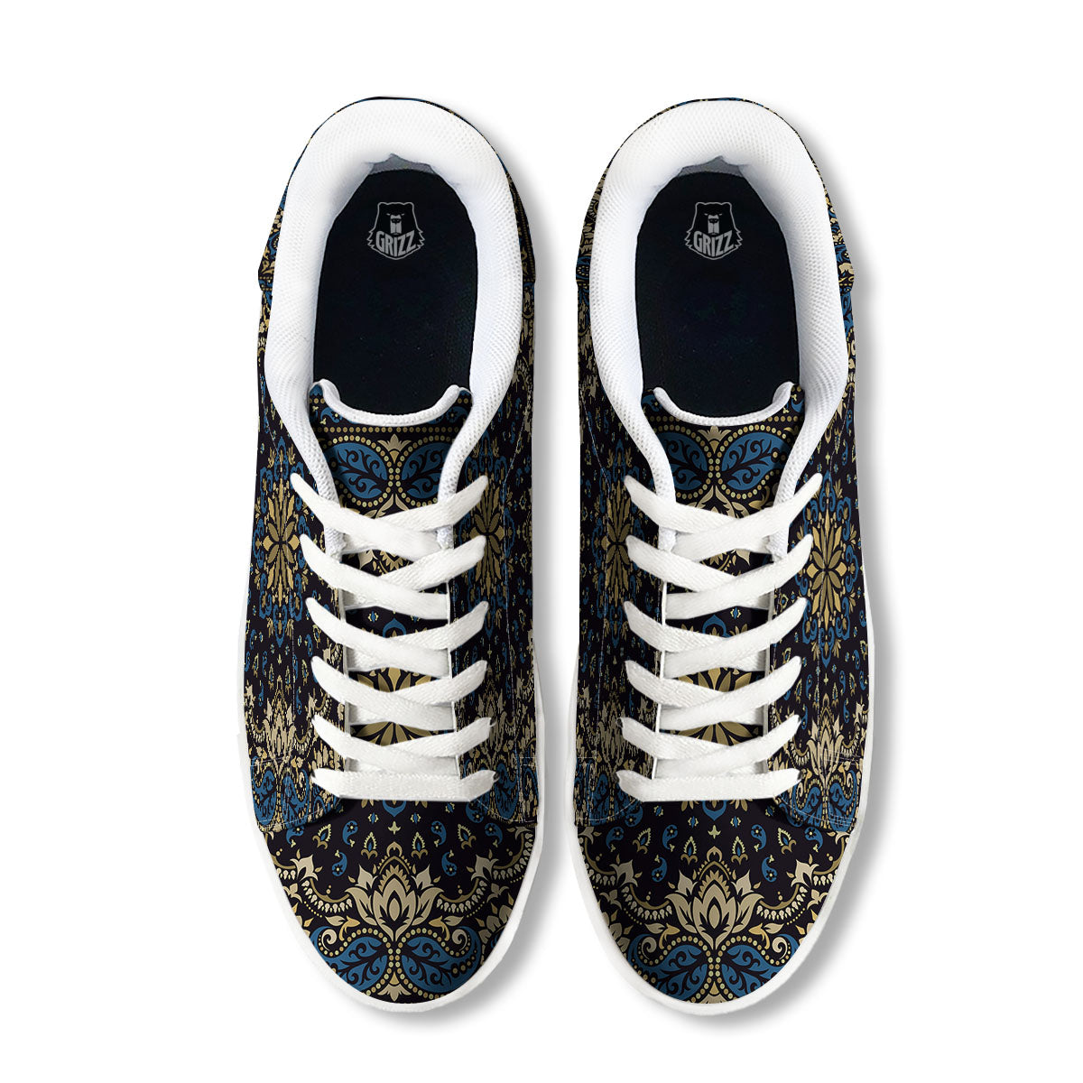 Gold Blue Paisley Bandana Print White Low Top Sneakers-grizzshop