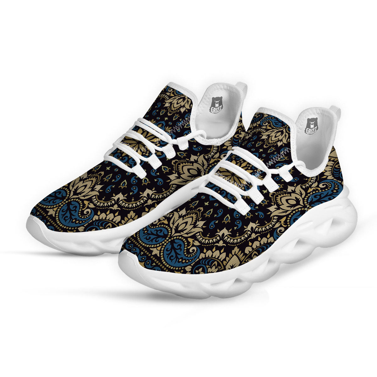 Gold Blue Paisley Bandana Print White Running Shoes-grizzshop