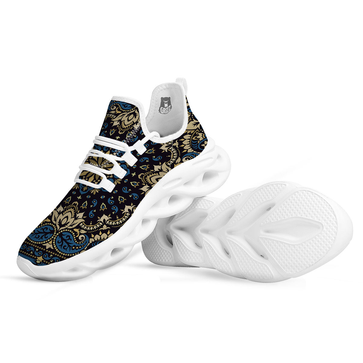 Gold Blue Paisley Bandana Print White Running Shoes-grizzshop