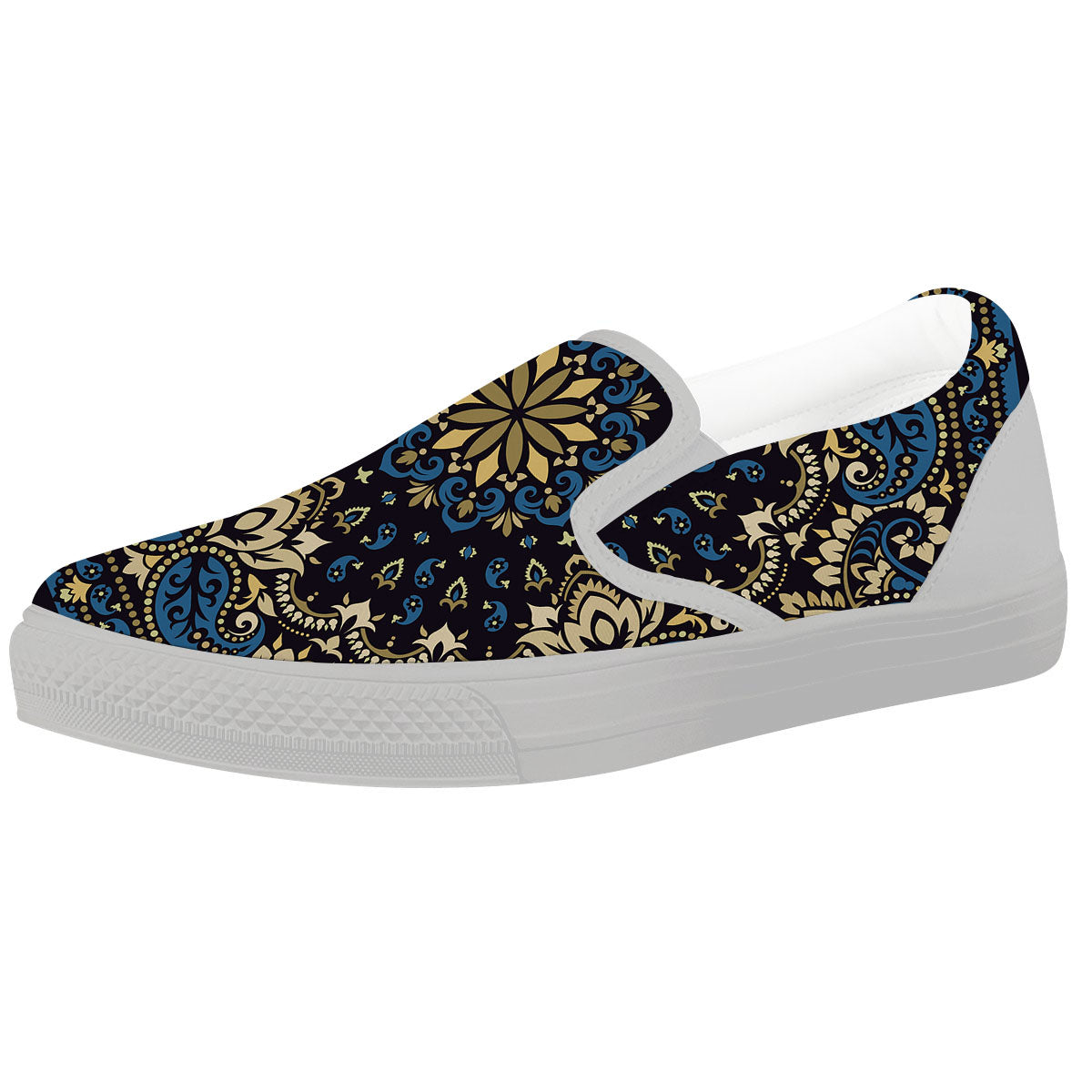 Gold Blue Paisley Bandana Print White Slip On Shoes-grizzshop