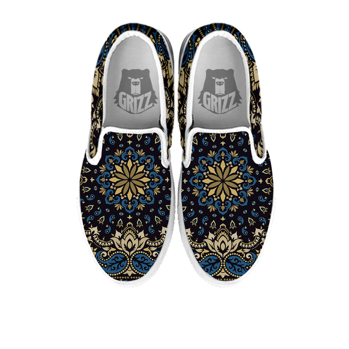 Gold Blue Paisley Bandana Print White Slip On Shoes-grizzshop