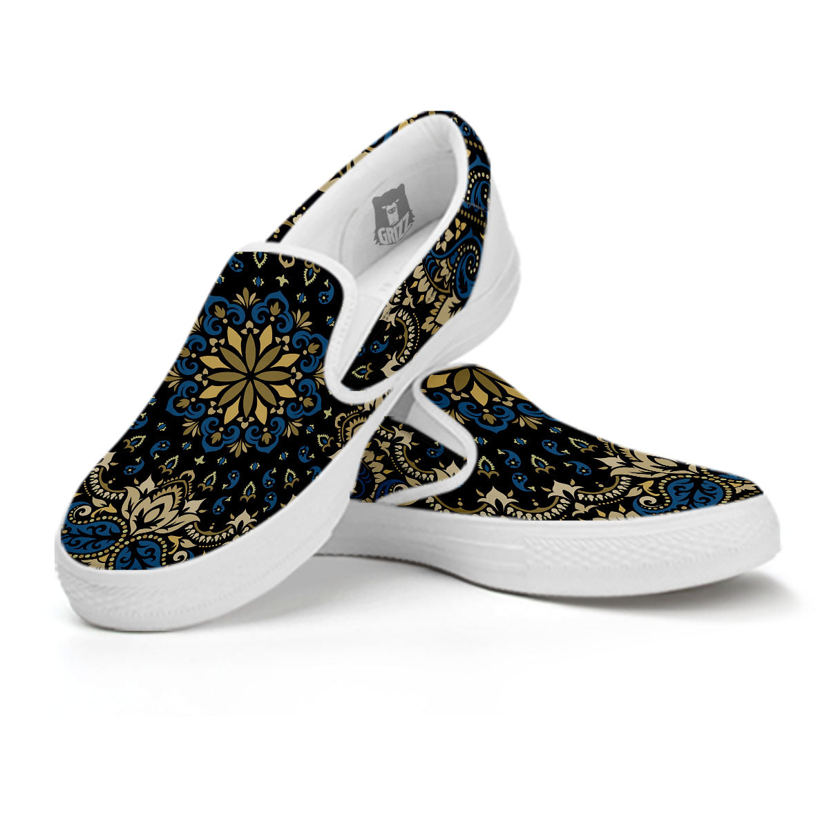 Gold Blue Paisley Bandana Print White Slip On Shoes-grizzshop