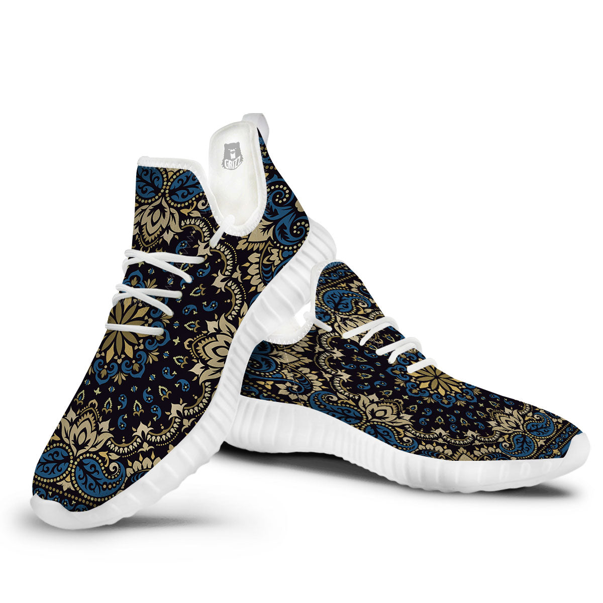 Gold Blue Paisley Bandana Print White Walking Shoes-grizzshop