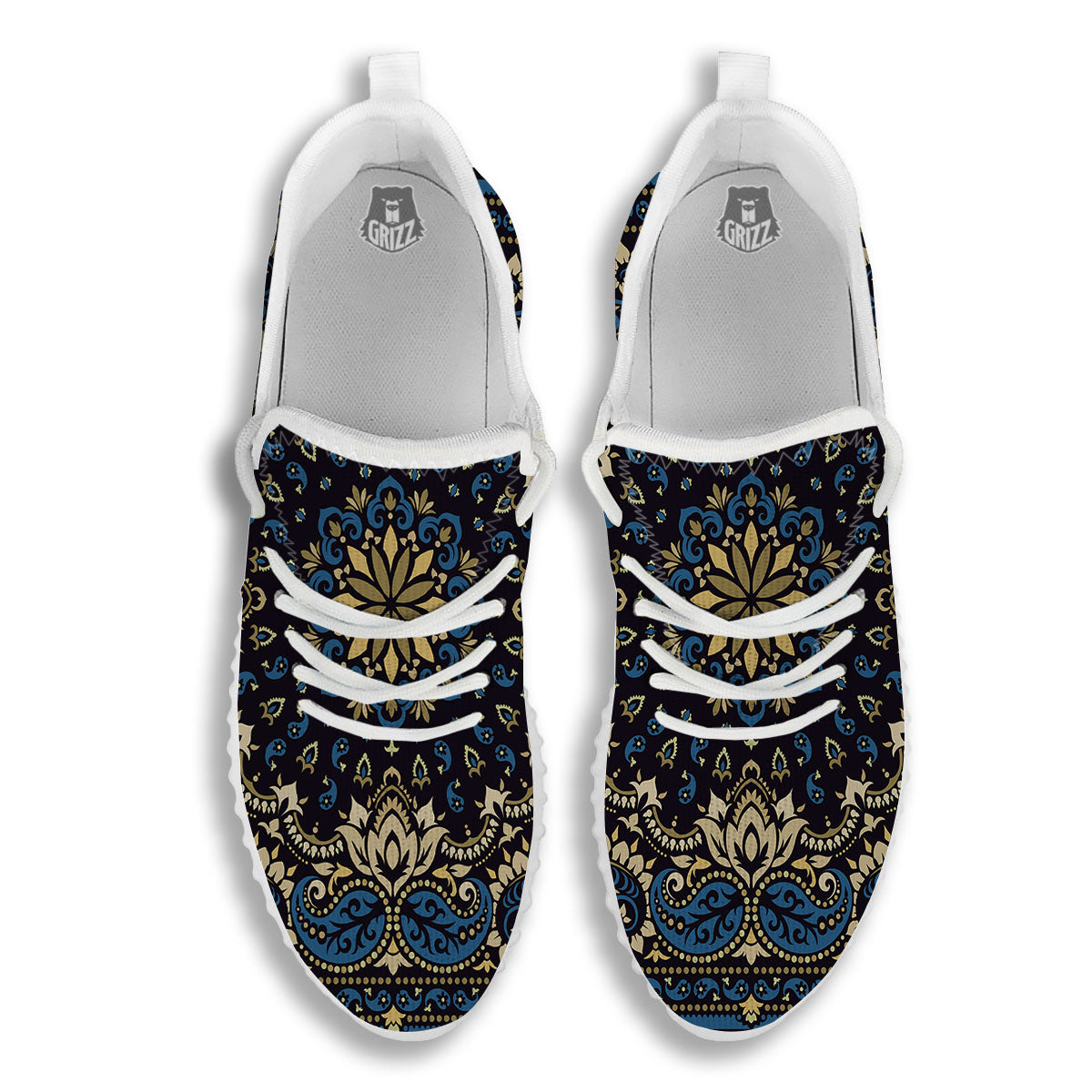 Gold Blue Paisley Bandana Print White Walking Shoes-grizzshop