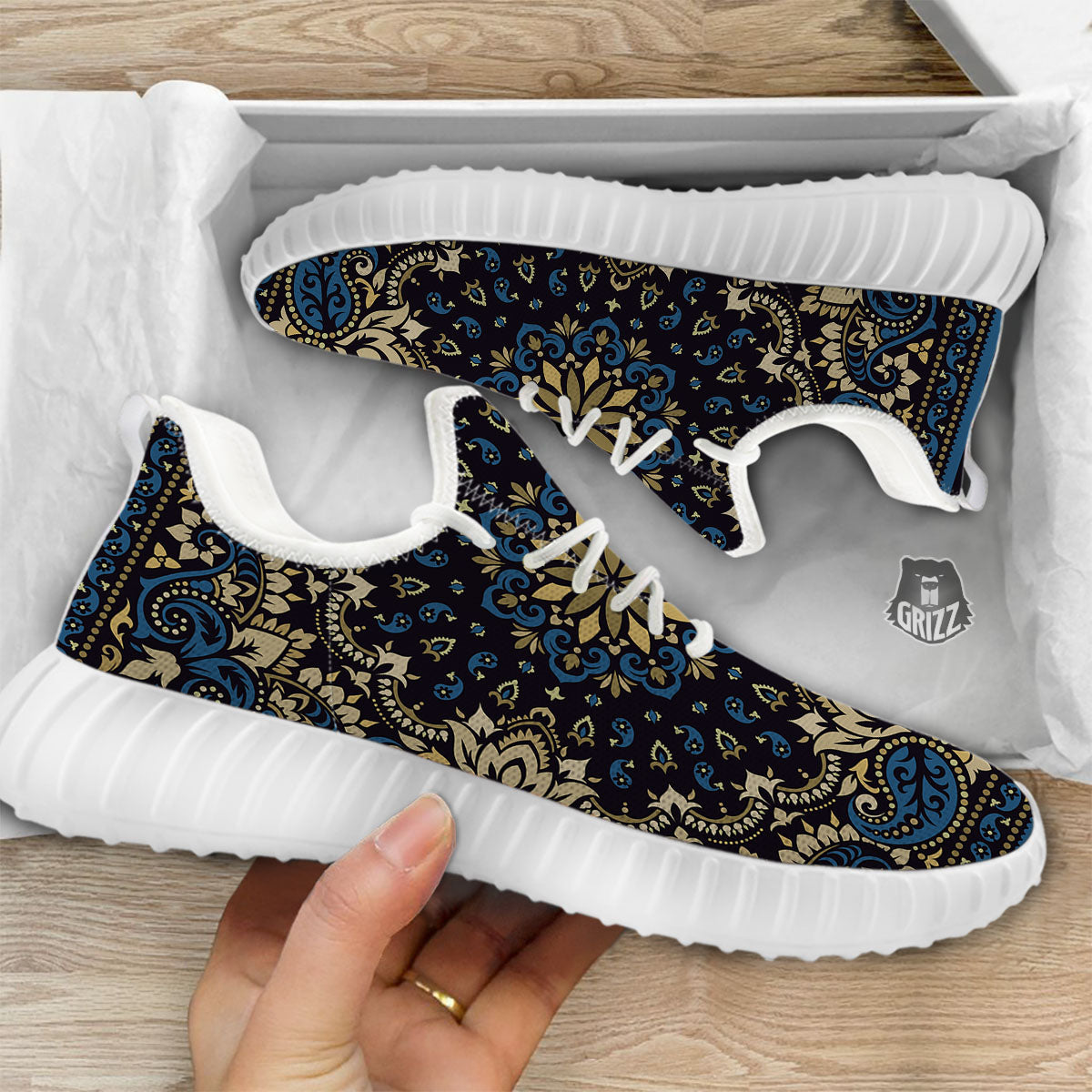 Gold Blue Paisley Bandana Print White Walking Shoes-grizzshop