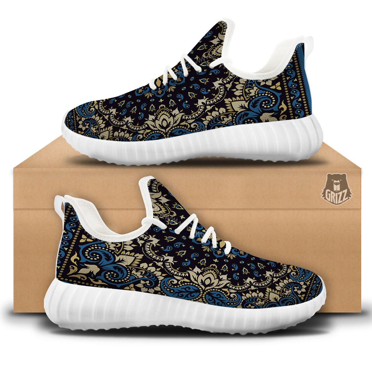 Gold Blue Paisley Bandana Print White Walking Shoes-grizzshop