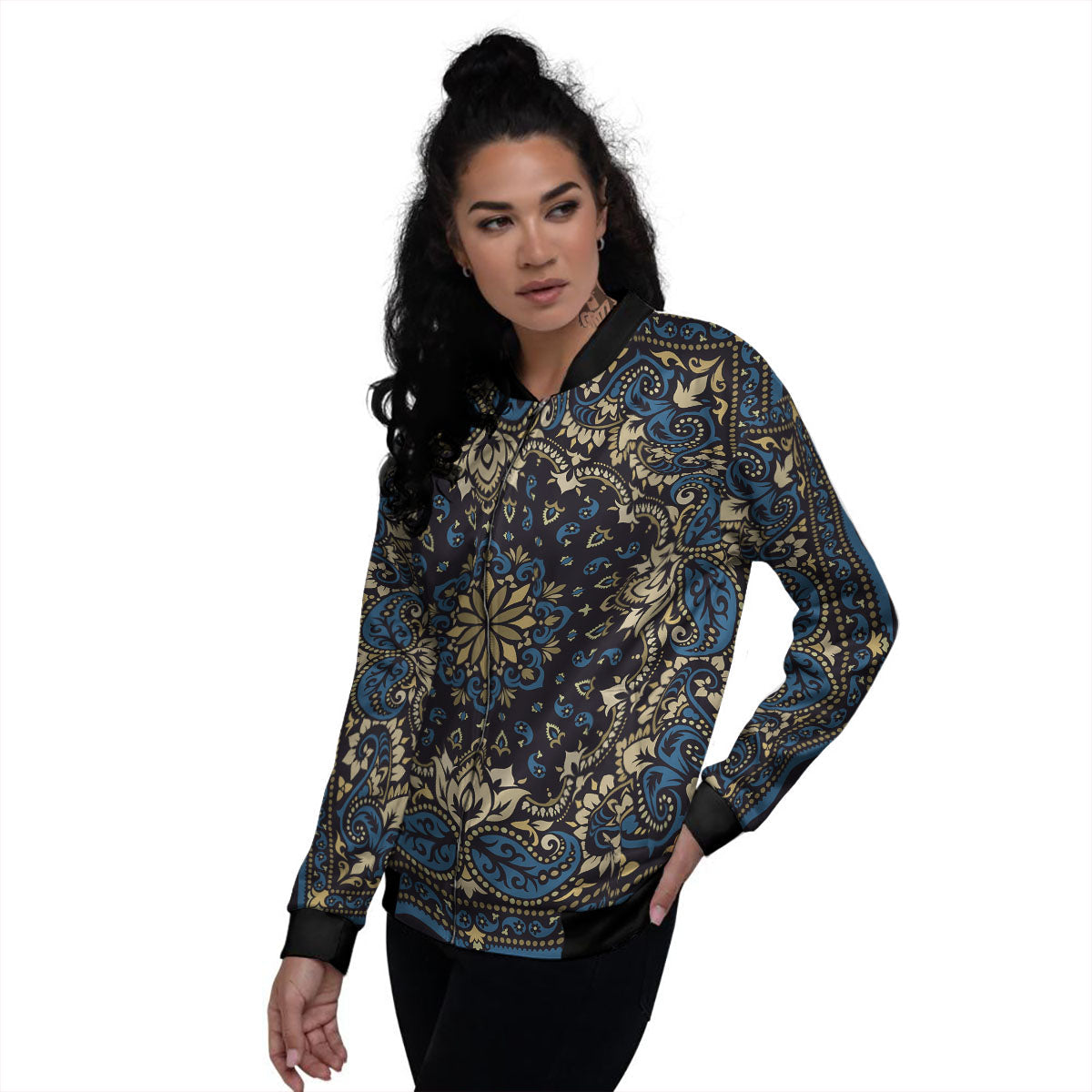 Gold Blue Paisley Bandana Print Women's Bomber Jacket-grizzshop