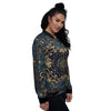 Gold Blue Paisley Bandana Print Women's Bomber Jacket-grizzshop