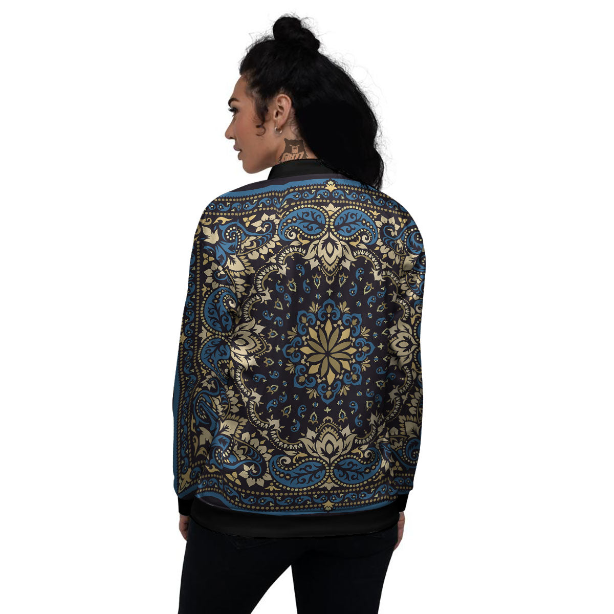 Gold Blue Paisley Bandana Print Women's Bomber Jacket-grizzshop