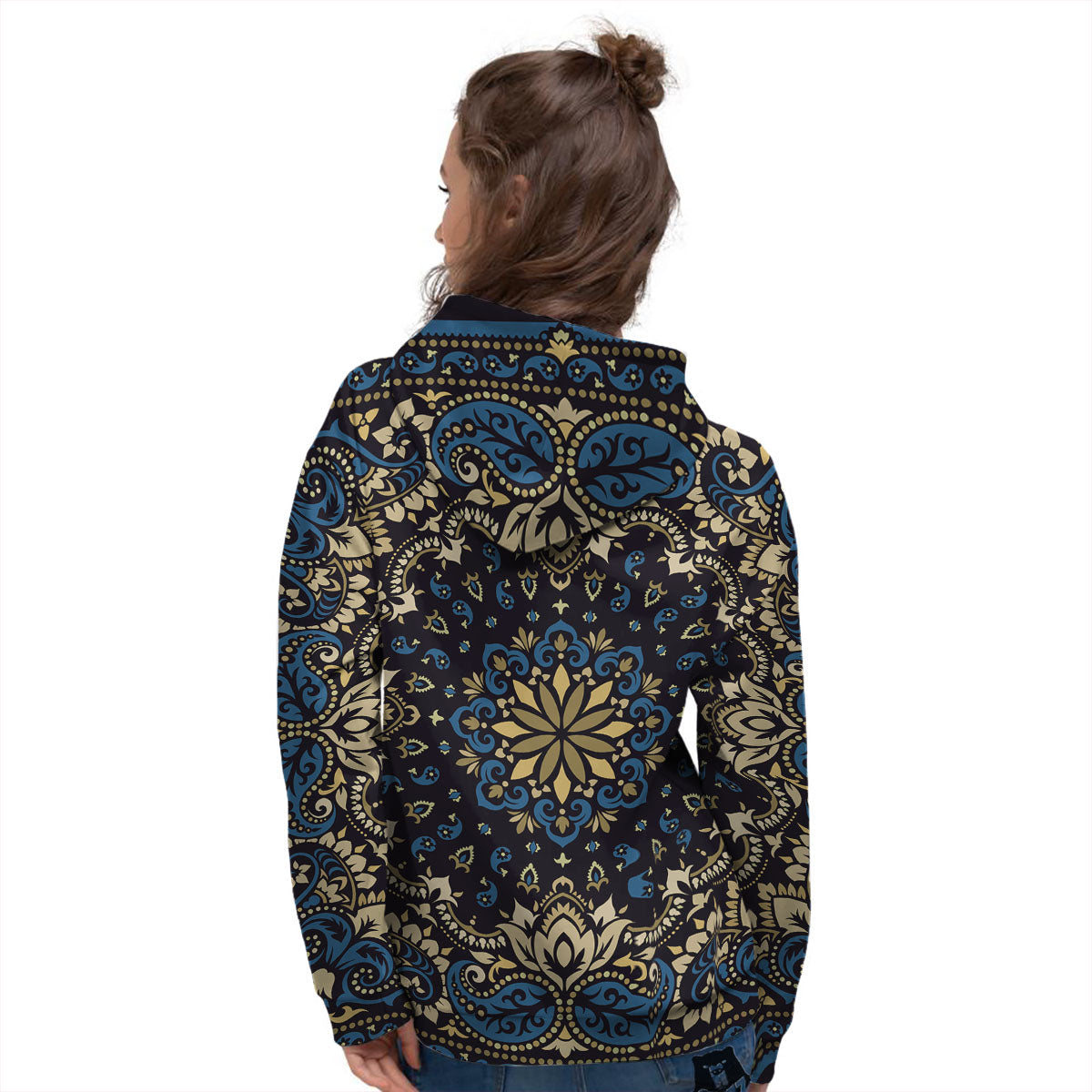 Gold Blue Paisley Bandana Print Women's Hoodie-grizzshop