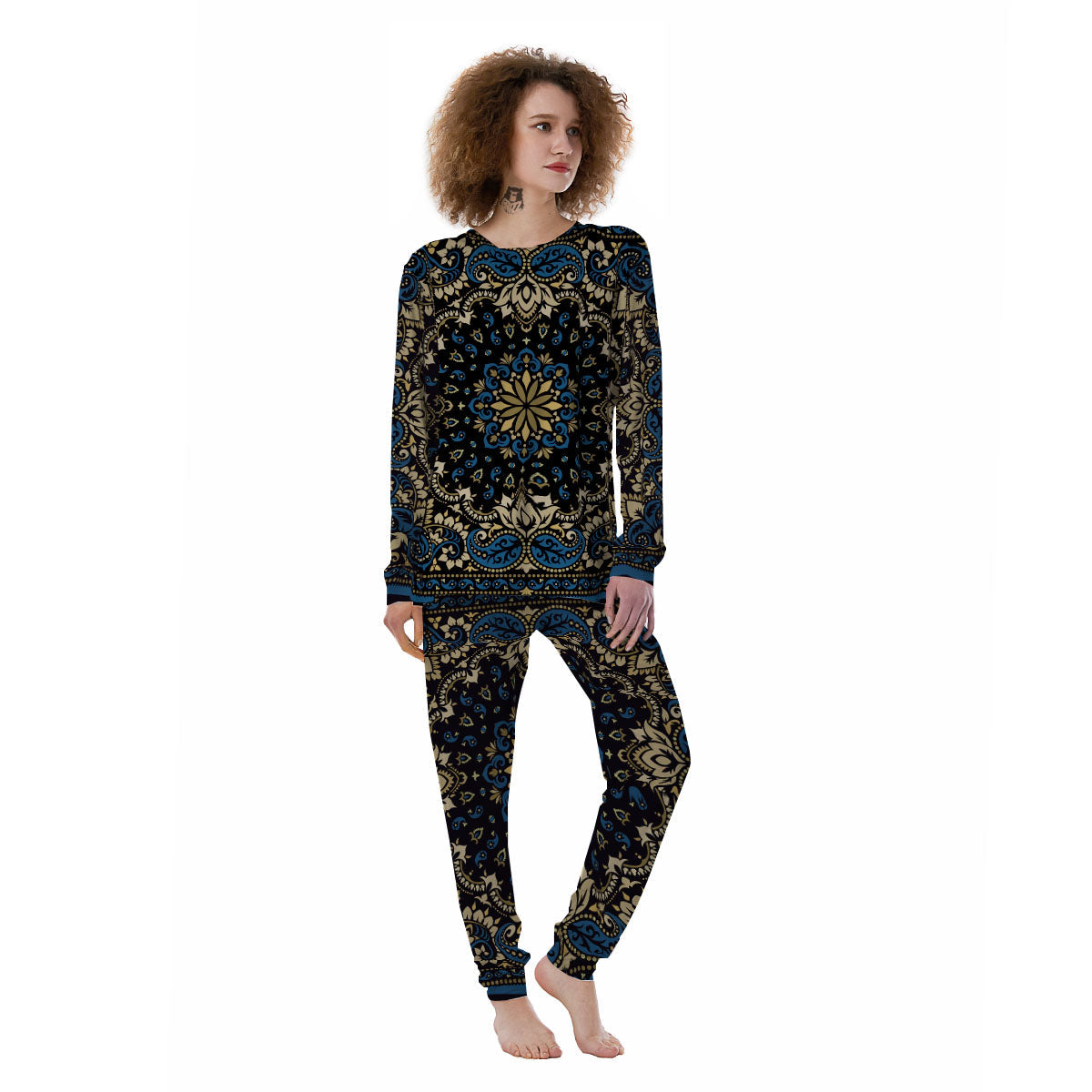 Gold Blue Paisley Bandana Print Women's Pajamas-grizzshop