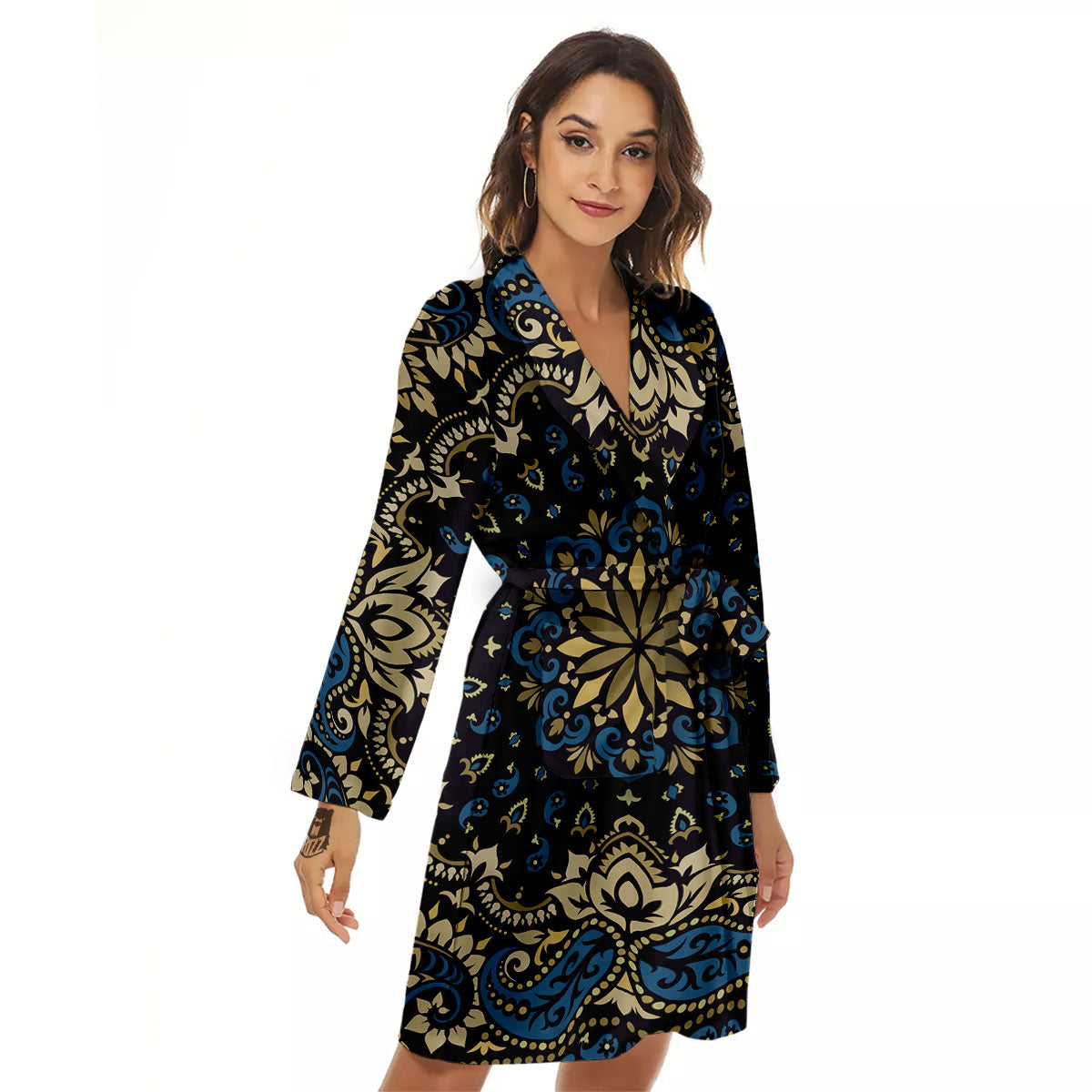 Gold Blue Paisley Bandana Print Women's Robe-grizzshop