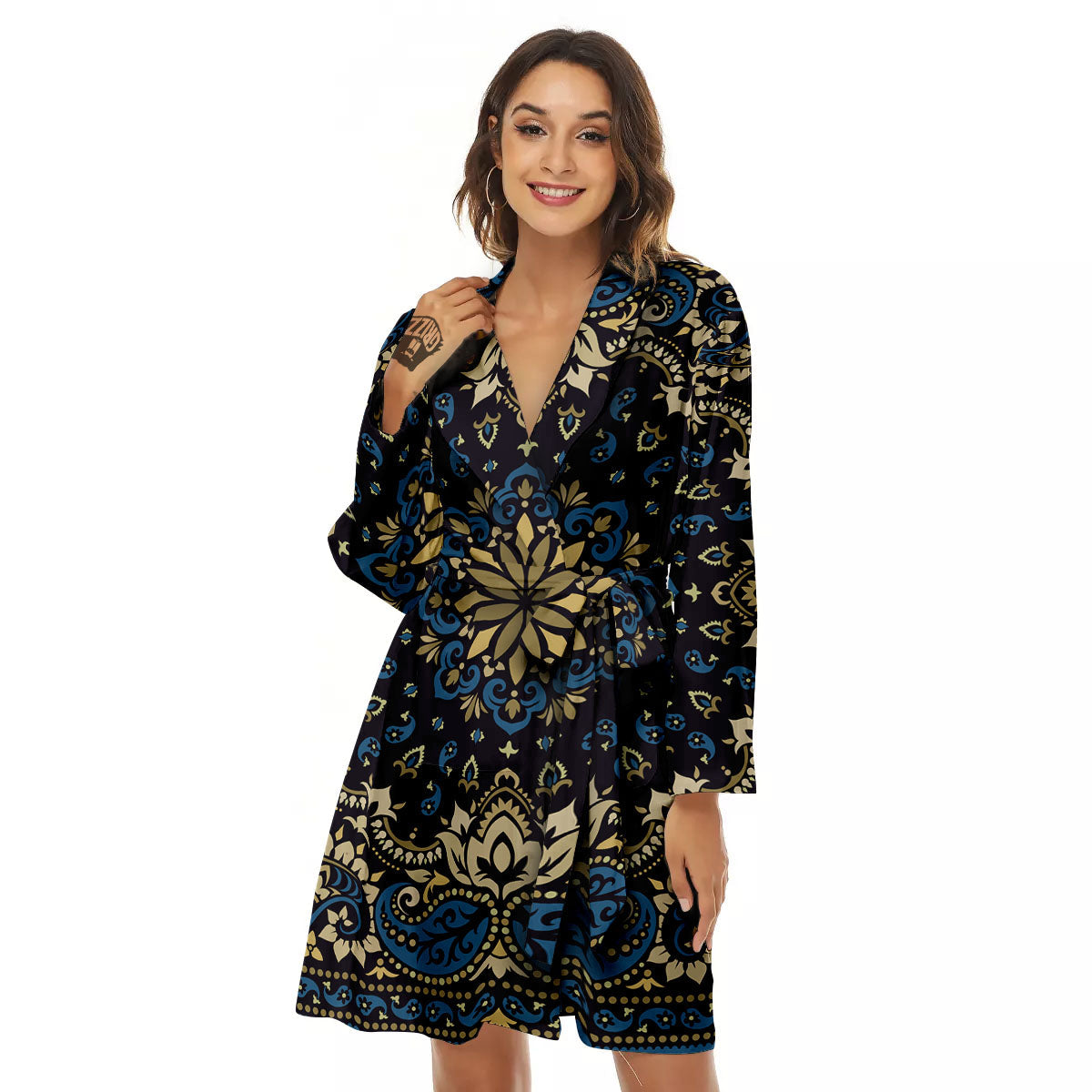 Gold Blue Paisley Bandana Print Women's Robe-grizzshop