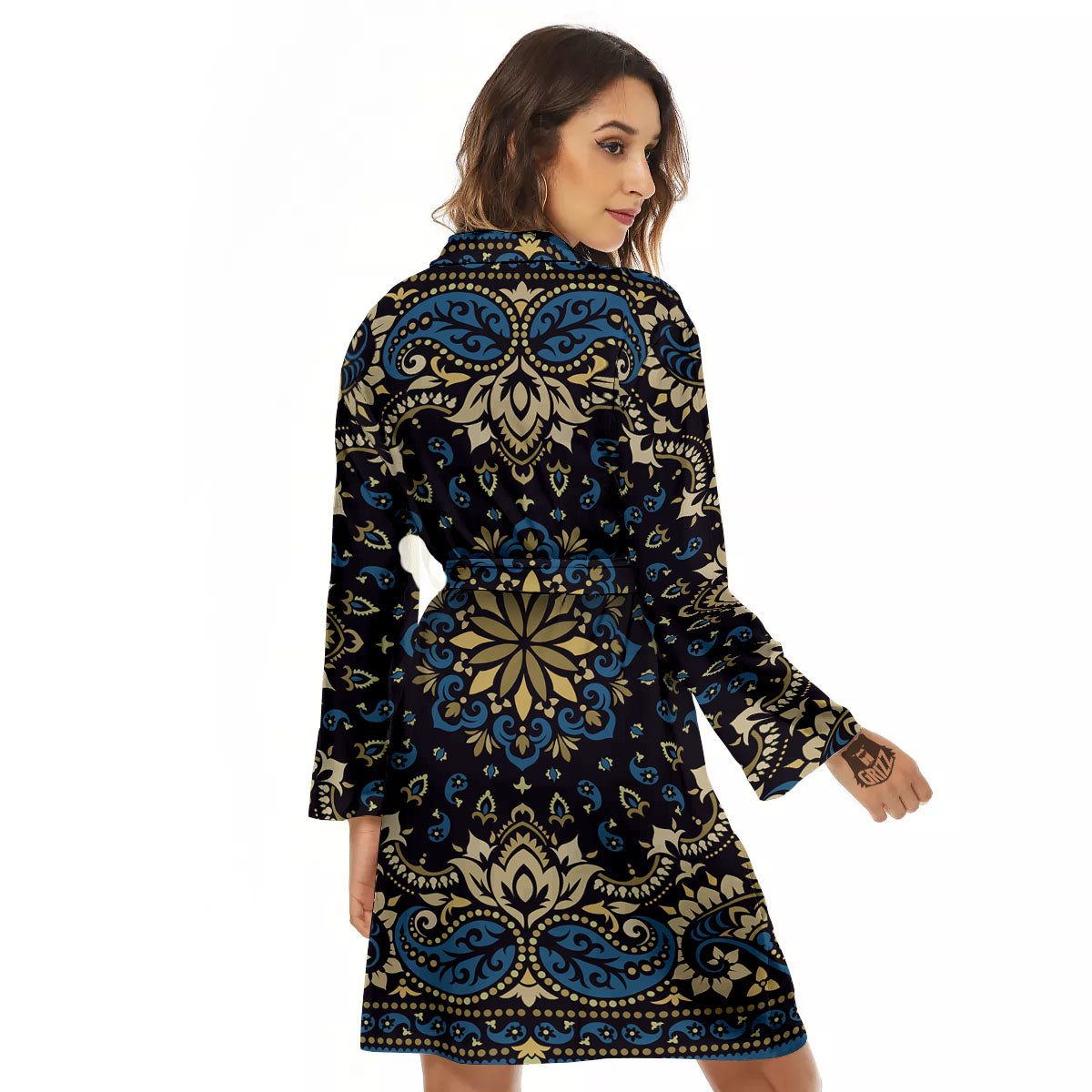 Gold Blue Paisley Bandana Print Women's Robe-grizzshop