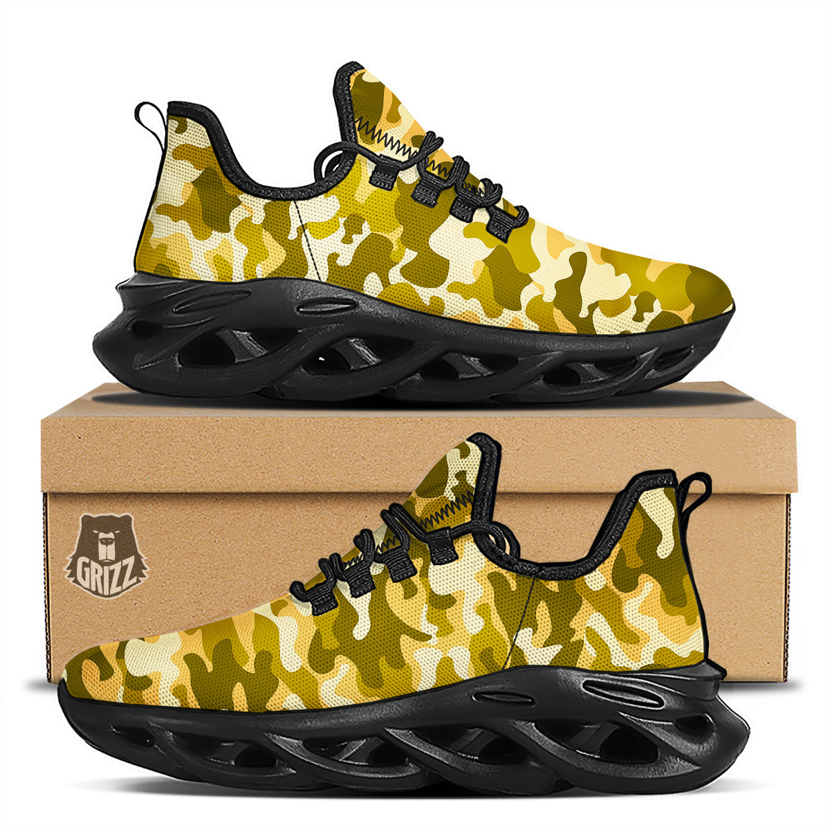 Gold Camo And Camouflage Print Black Running Shoes-grizzshop