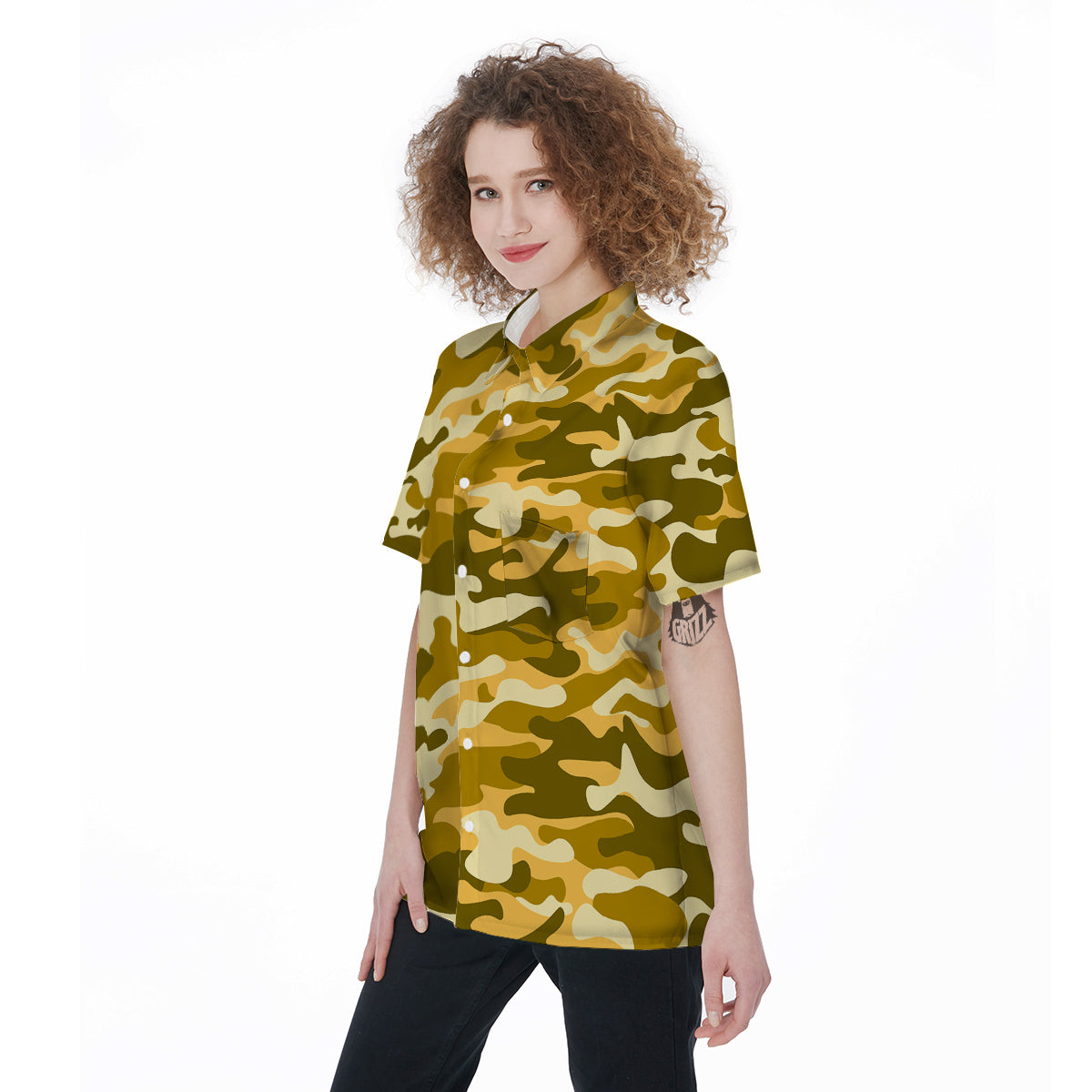 Gold Camo And Camouflage Print Women's Short Sleeve Shirts-grizzshop