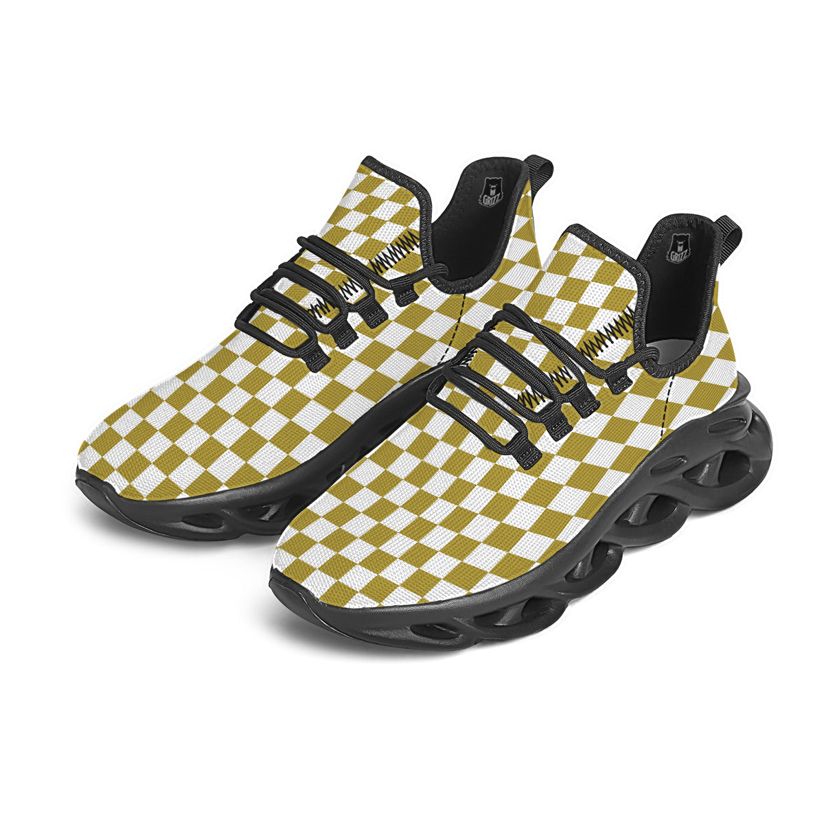 Gold Checkered Flag Print Black Running Shoes-grizzshop