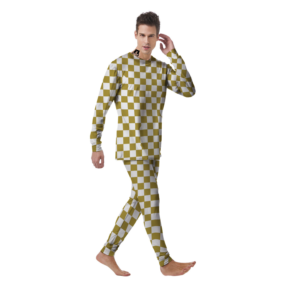 Gold Checkered Flag Print Men's Pajamas-grizzshop