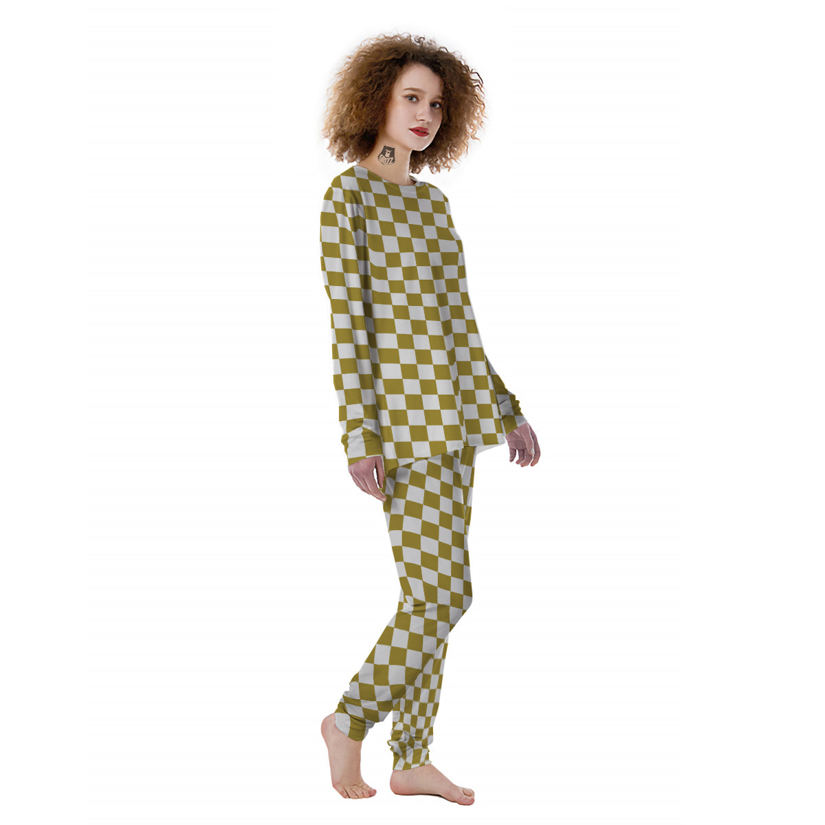 Gold Checkered Flag Print Women's Pajamas-grizzshop