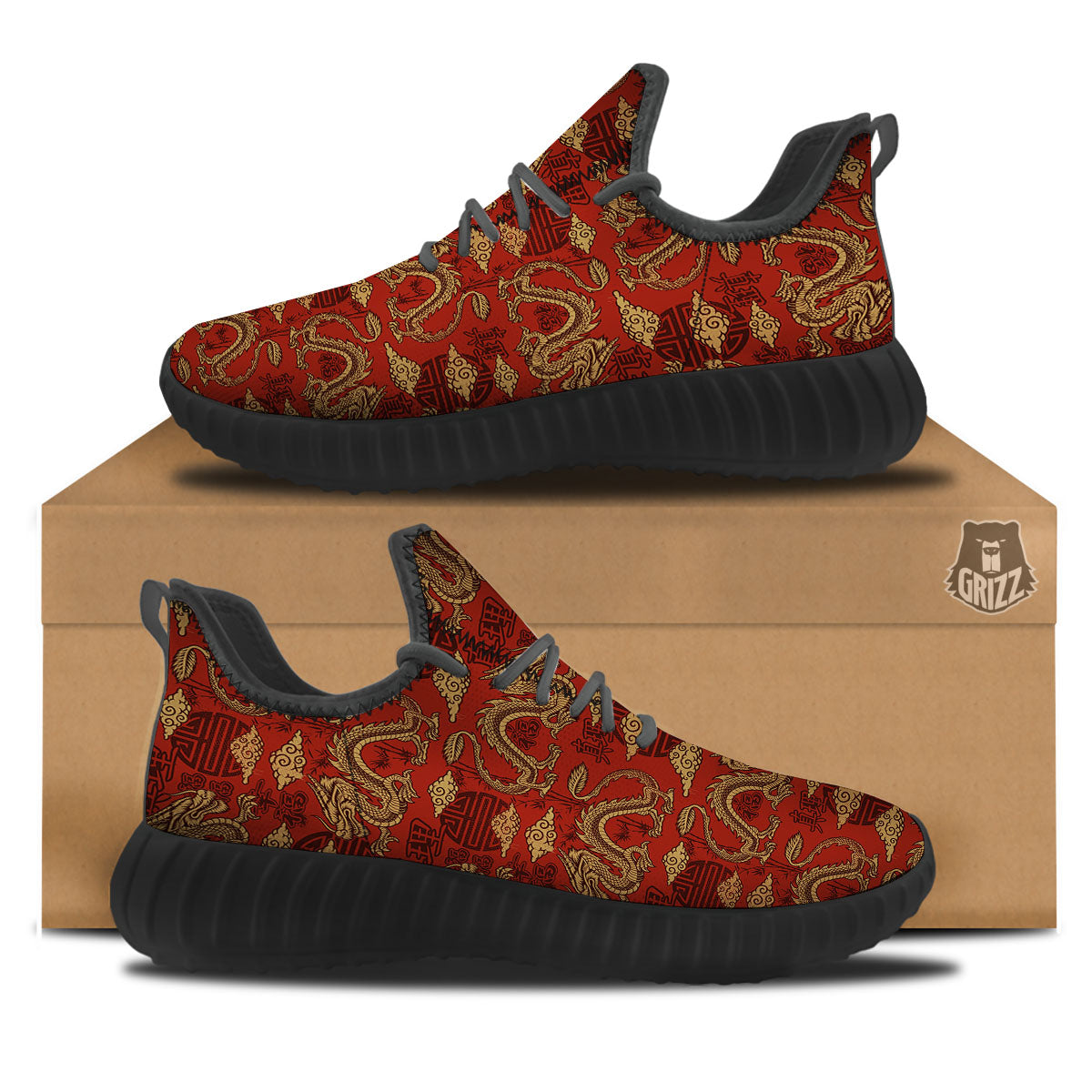 Gold Chinese Dragon Print Pattern Black Walking Shoes-grizzshop