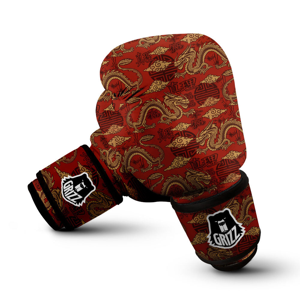 Gold Chinese Dragon Print Pattern Boxing Gloves-grizzshop