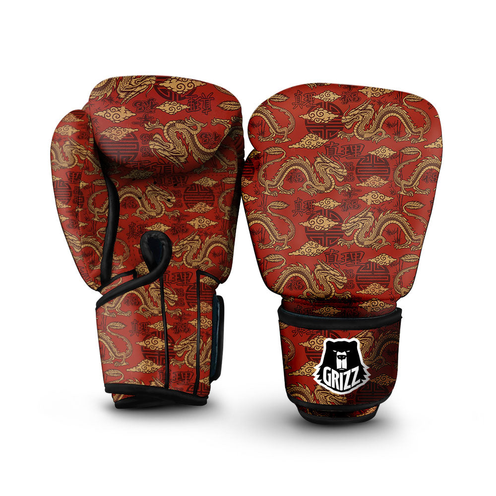 Gold Chinese Dragon Print Pattern Boxing Gloves-grizzshop