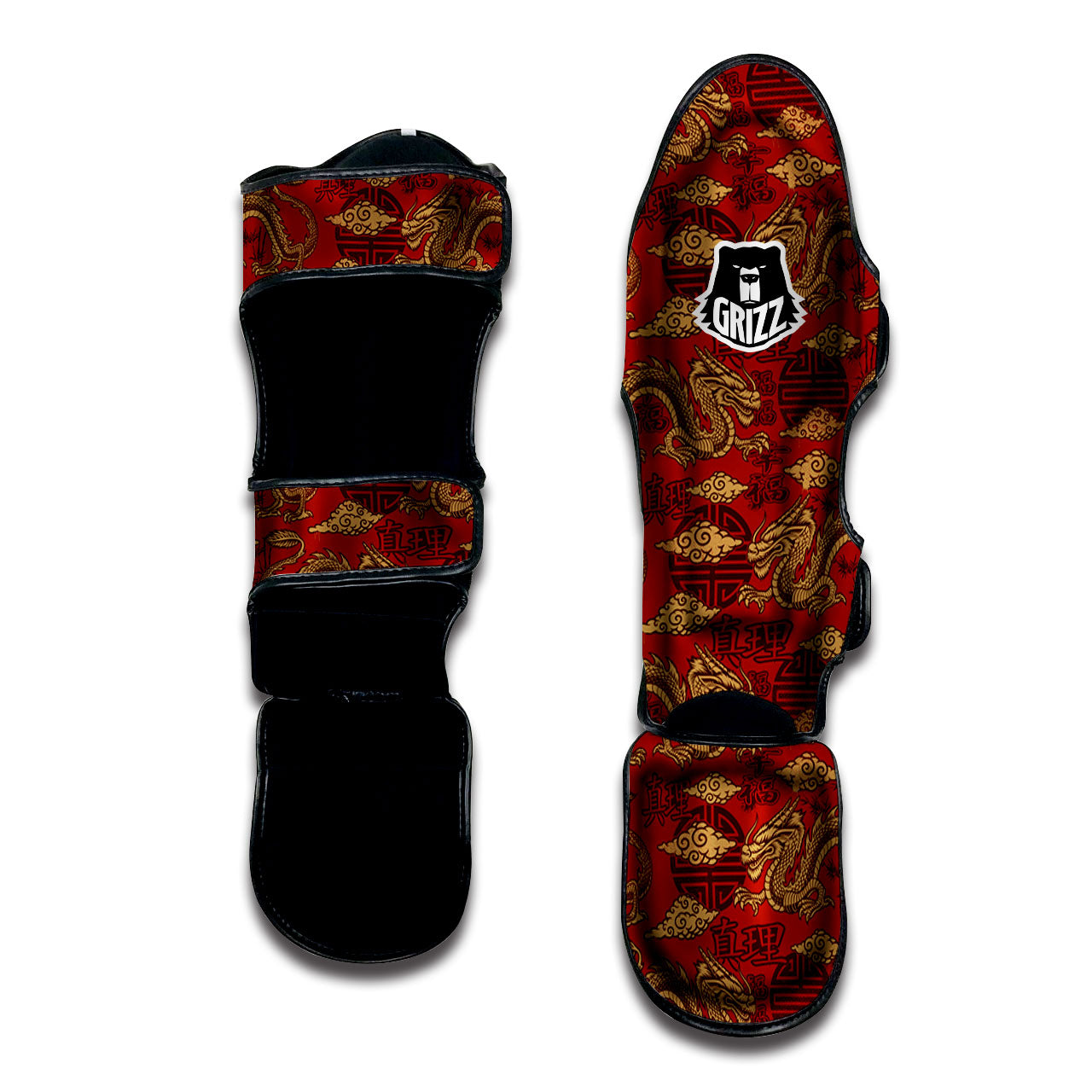 Gold Chinese Dragon Print Pattern Muay Thai Shin Guards-grizzshop