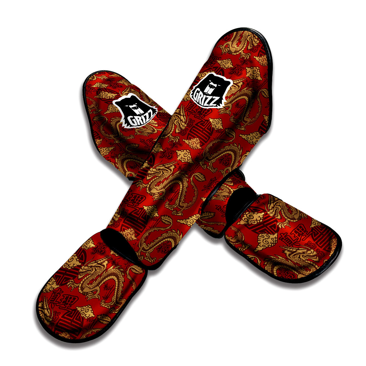 Gold Chinese Dragon Print Pattern Muay Thai Shin Guards-grizzshop