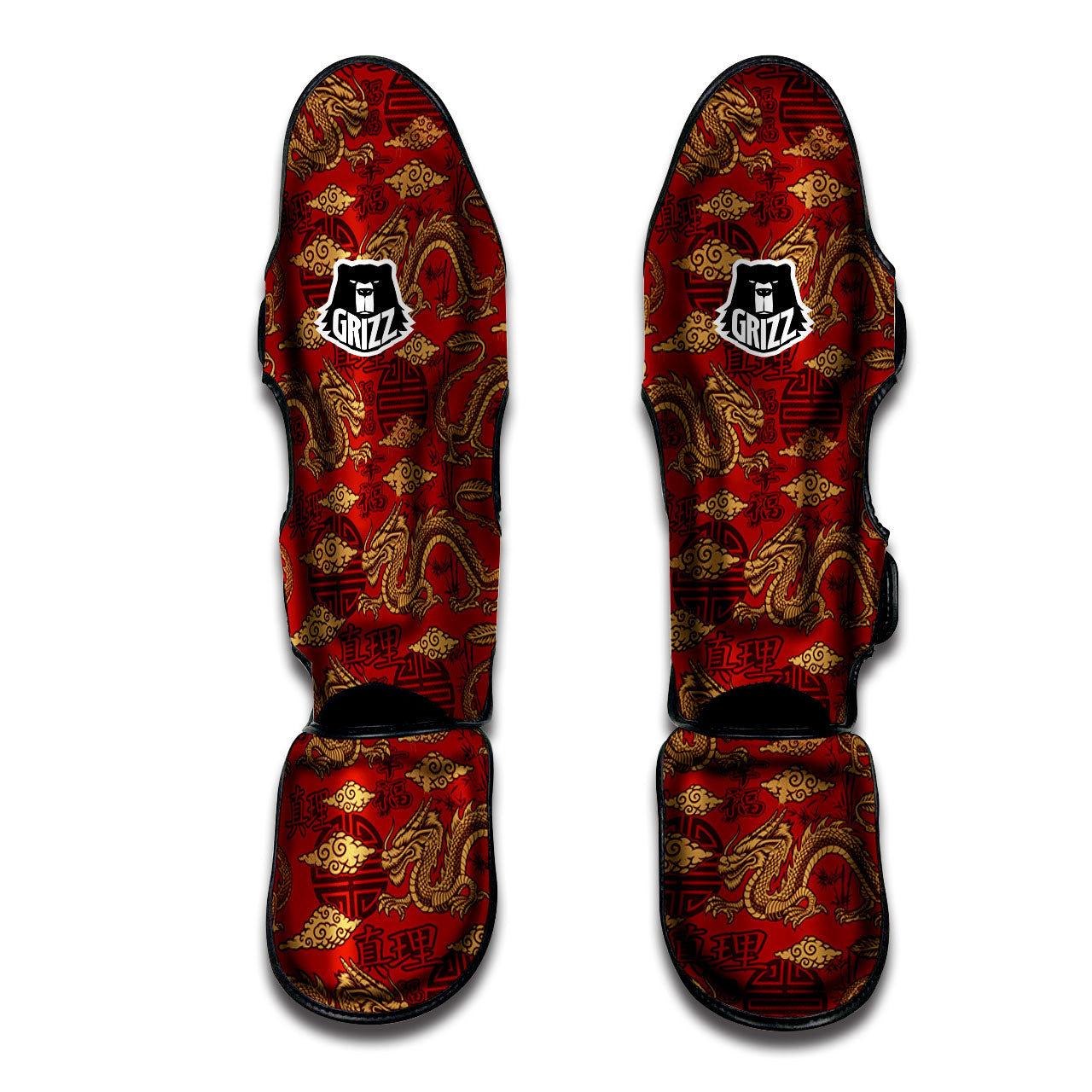 Gold Chinese Dragon Print Pattern Muay Thai Shin Guards-grizzshop