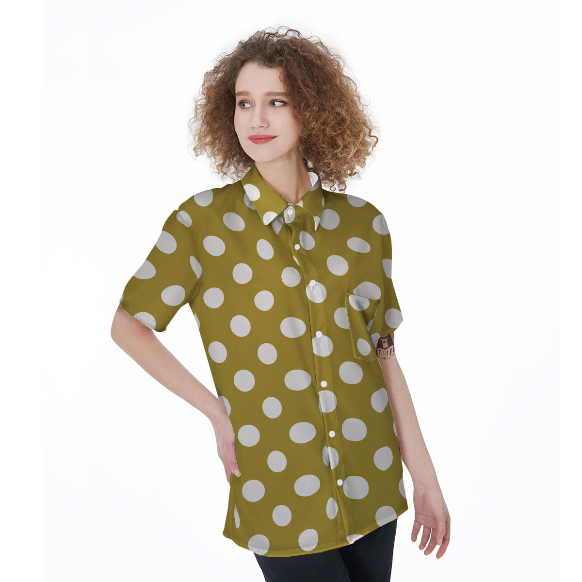 Gold Color Polka Dot Print Pattern Women's Short Sleeve Shirts-grizzshop