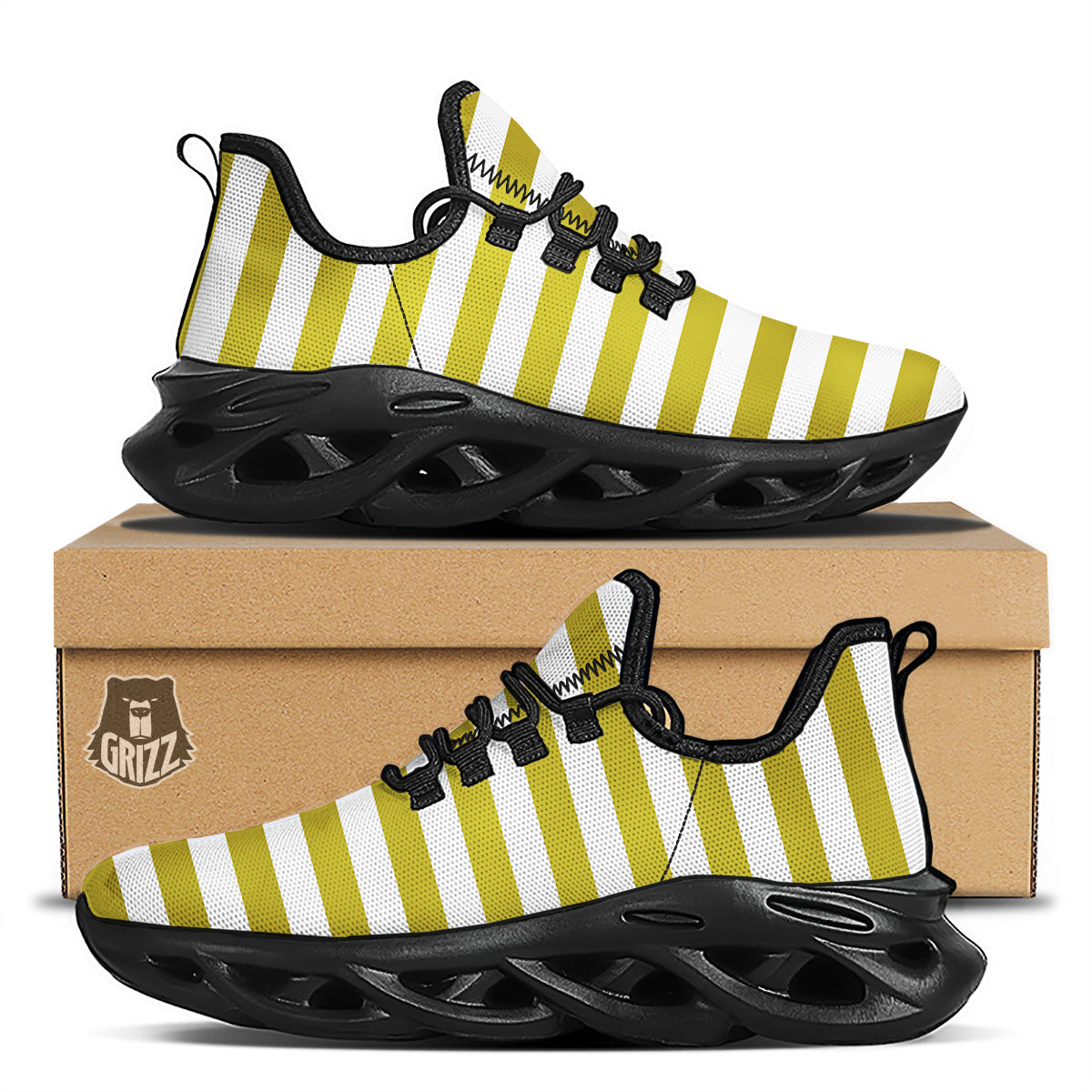 Gold Color Striped Print Black Running Shoes-grizzshop