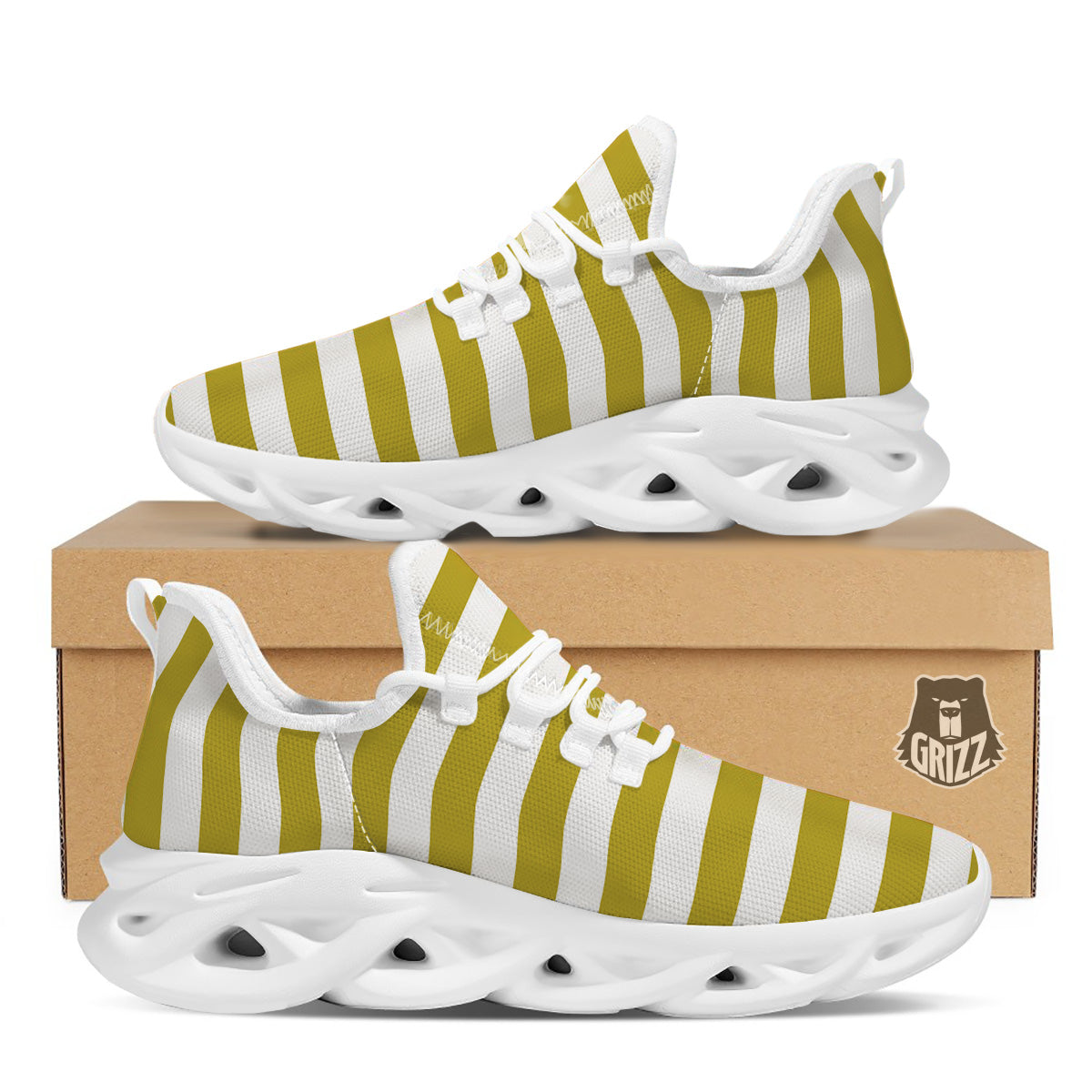 Gold Color Striped Print White Running Shoes-grizzshop