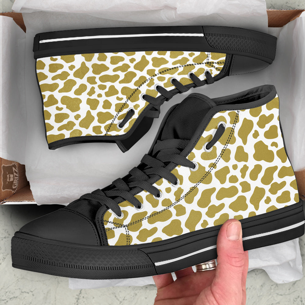 Gold Cow Print Pattern Black High Top Shoes-grizzshop