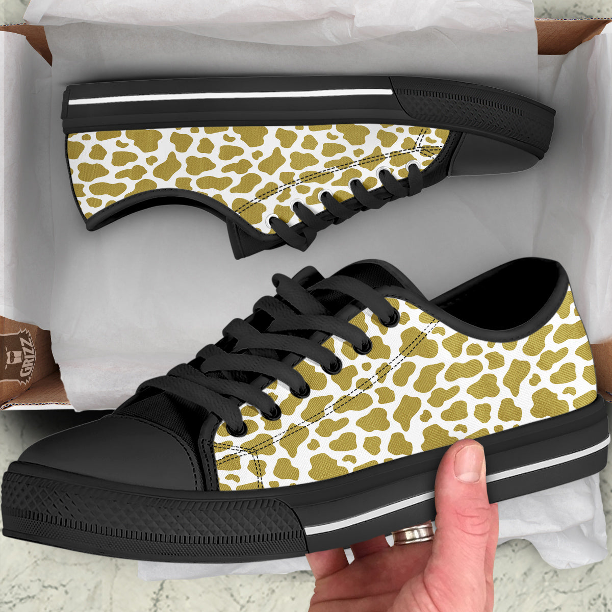 Gold Cow Print Pattern Black Low Top Shoes-grizzshop