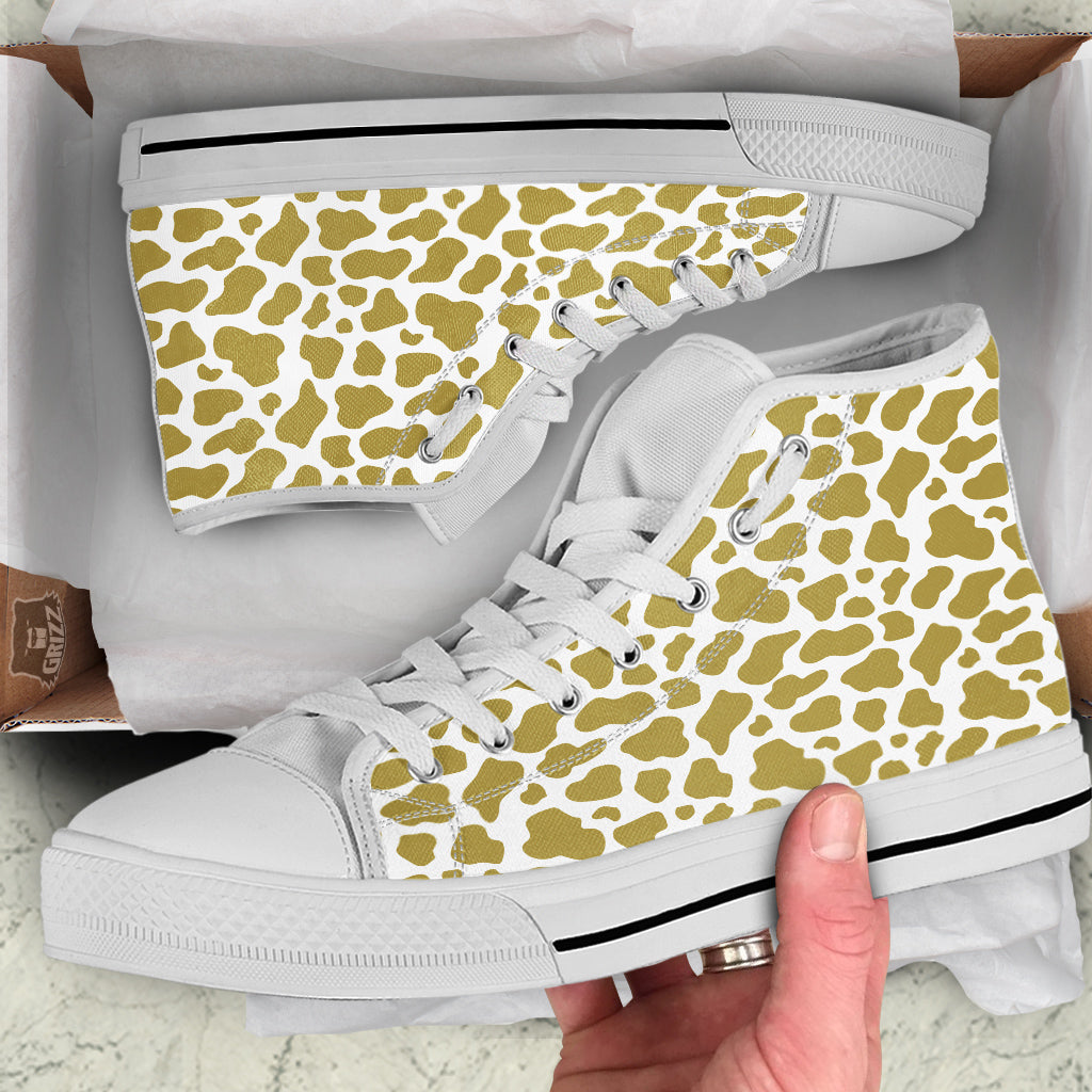 Gold Cow Print Pattern White High Top Shoes-grizzshop