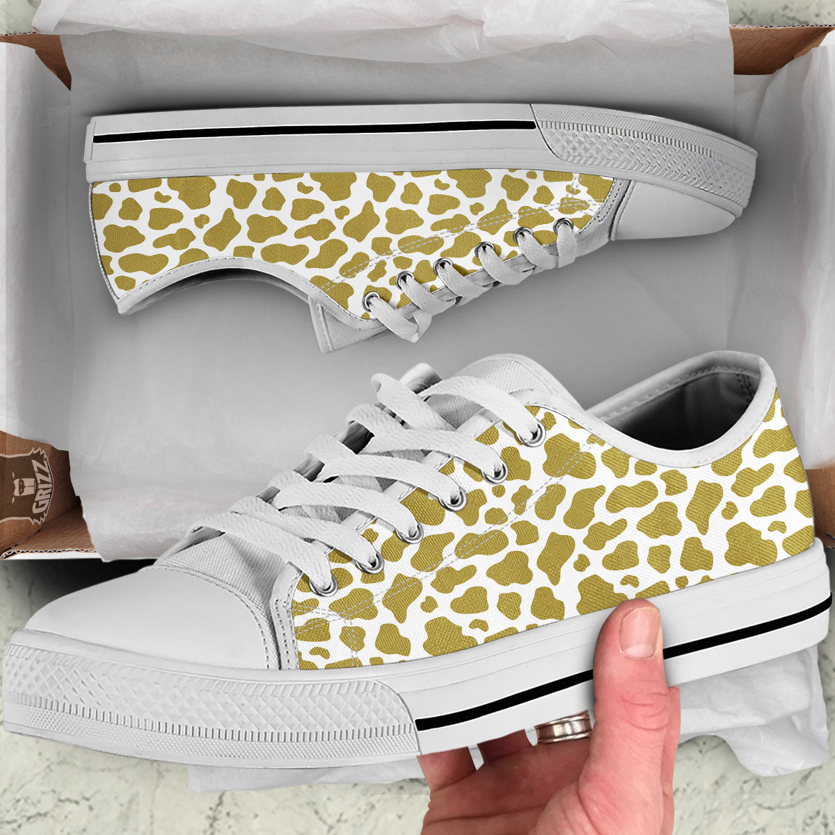 Gold Cow Print Pattern White Low Top Shoes-grizzshop