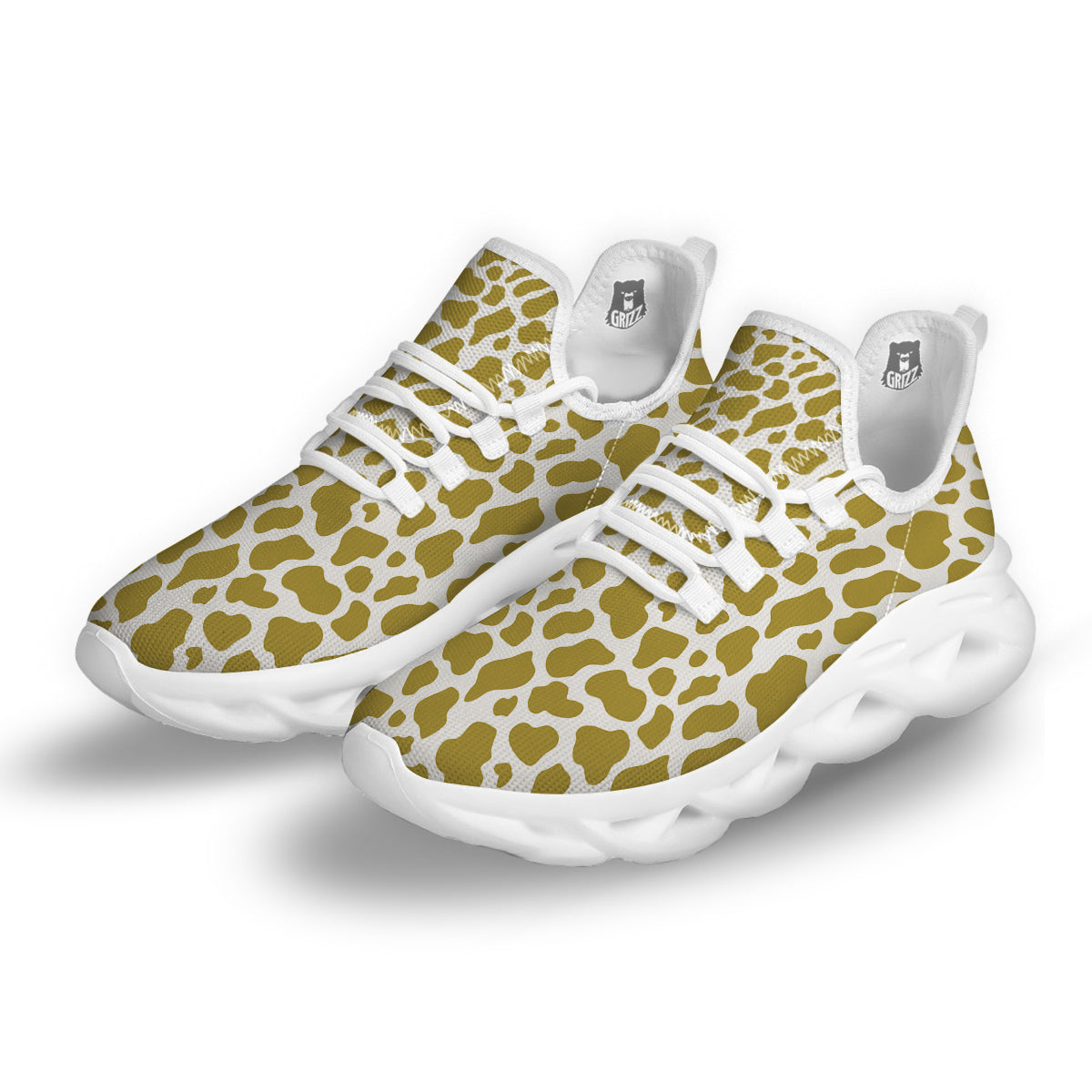 Gold Cow Print Pattern White Running Shoes-grizzshop