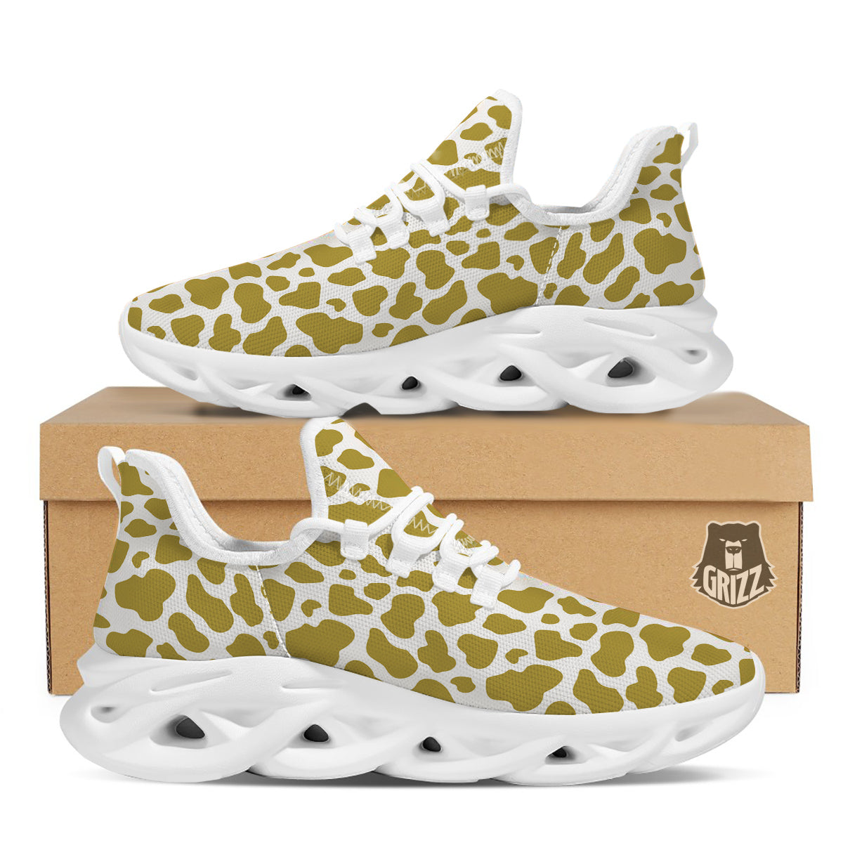 Gold Cow Print Pattern White Running Shoes-grizzshop
