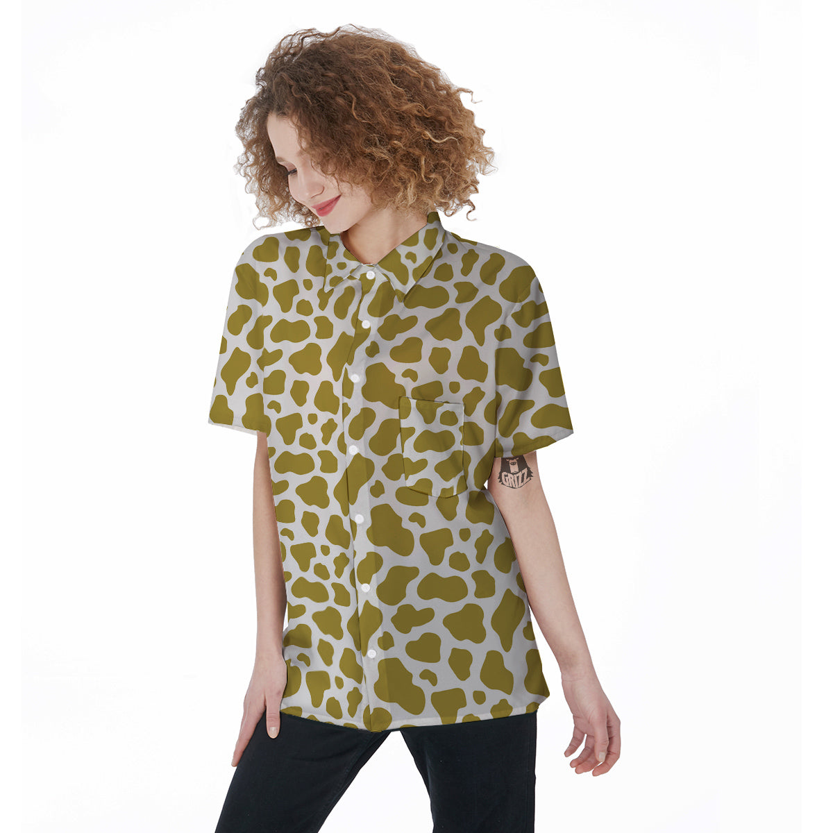 Gold Cow Print Pattern Women's Short Sleeve Shirts-grizzshop