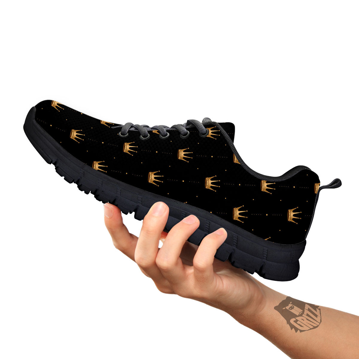 Gold Crown Print Pattern Black Sneaker-grizzshop