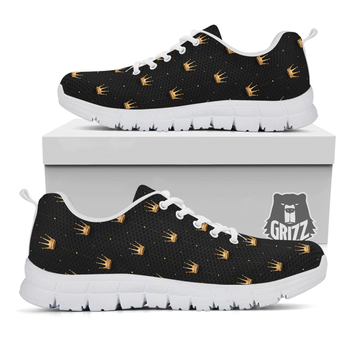 Gold Crown Print Pattern White Sneaker-grizzshop