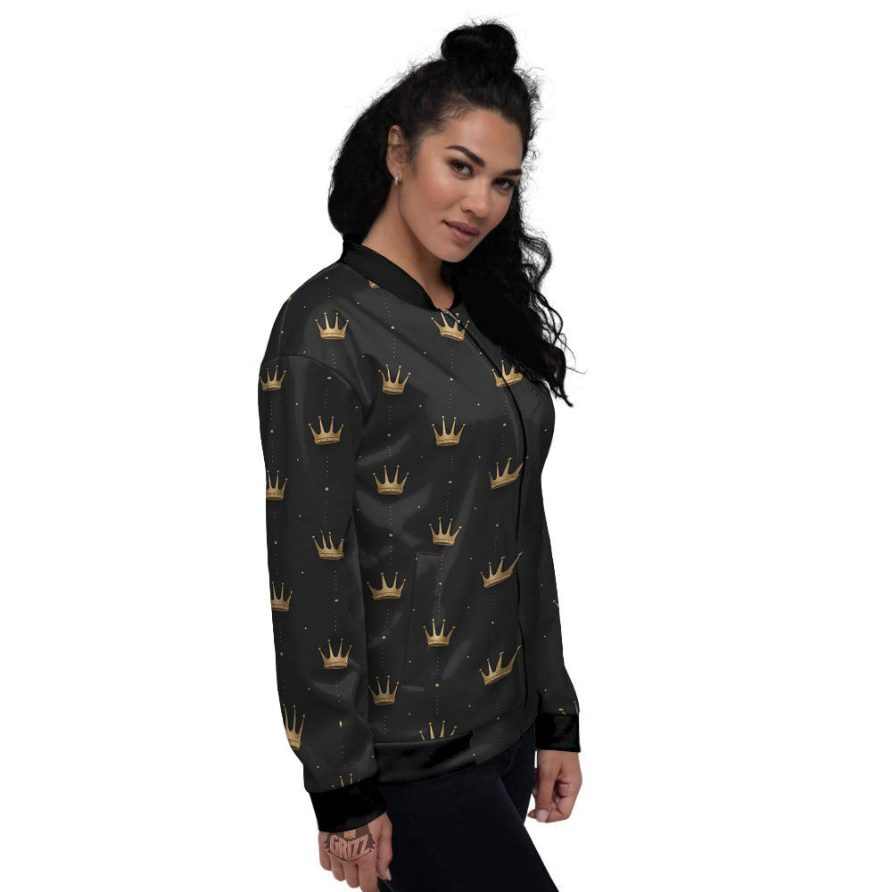 Gold Crown Print Pattern Women's Bomber Jacket-grizzshop