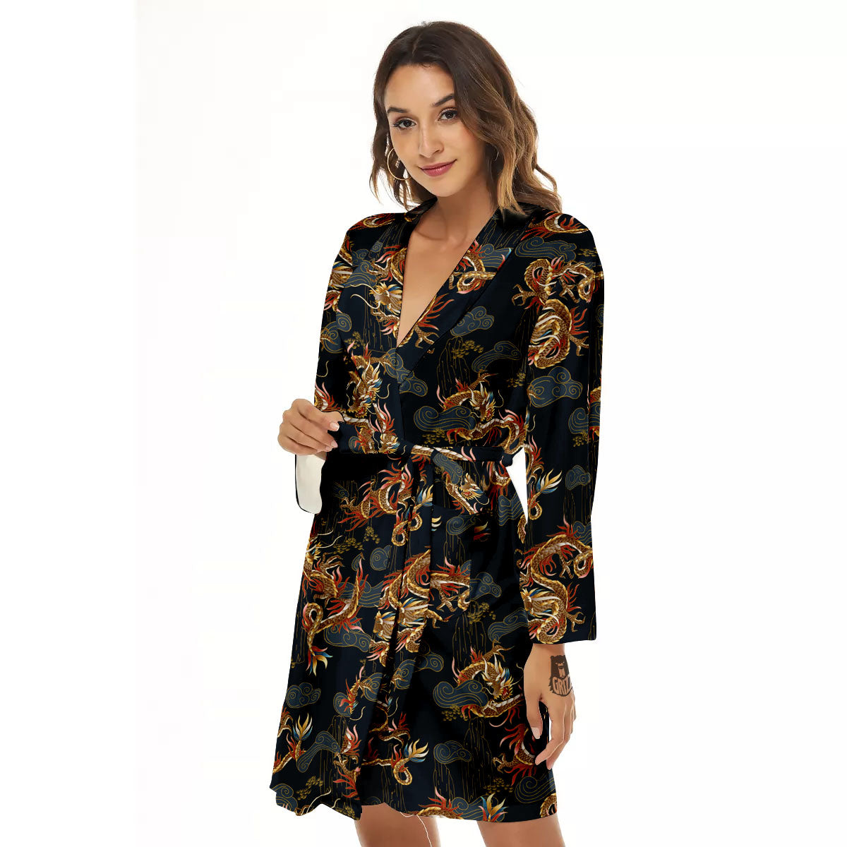 Gold Dragon Japanese Print Pattern Women's Robe-grizzshop