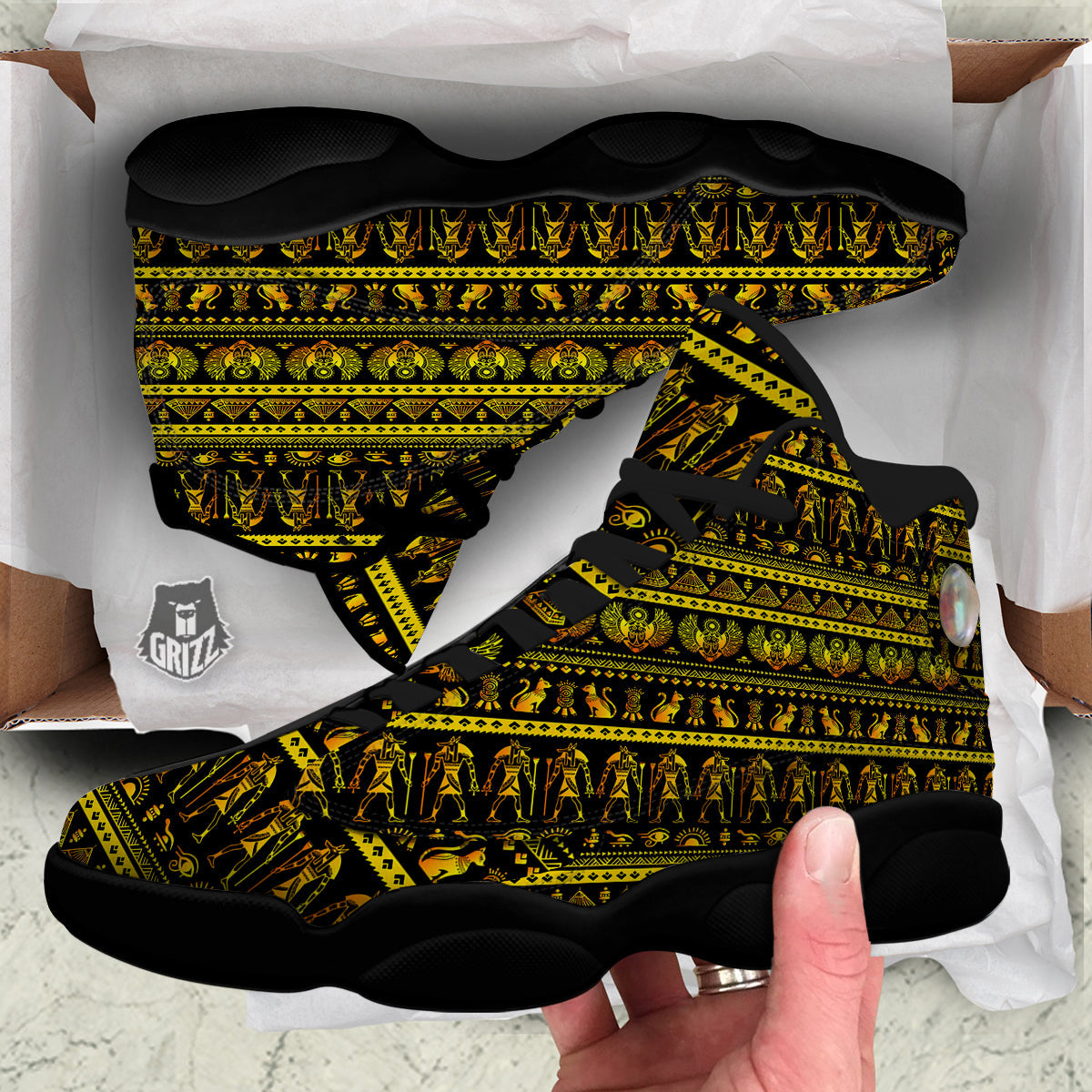Gold Egypt Ethnic Print Black Basketball Shoes-grizzshop