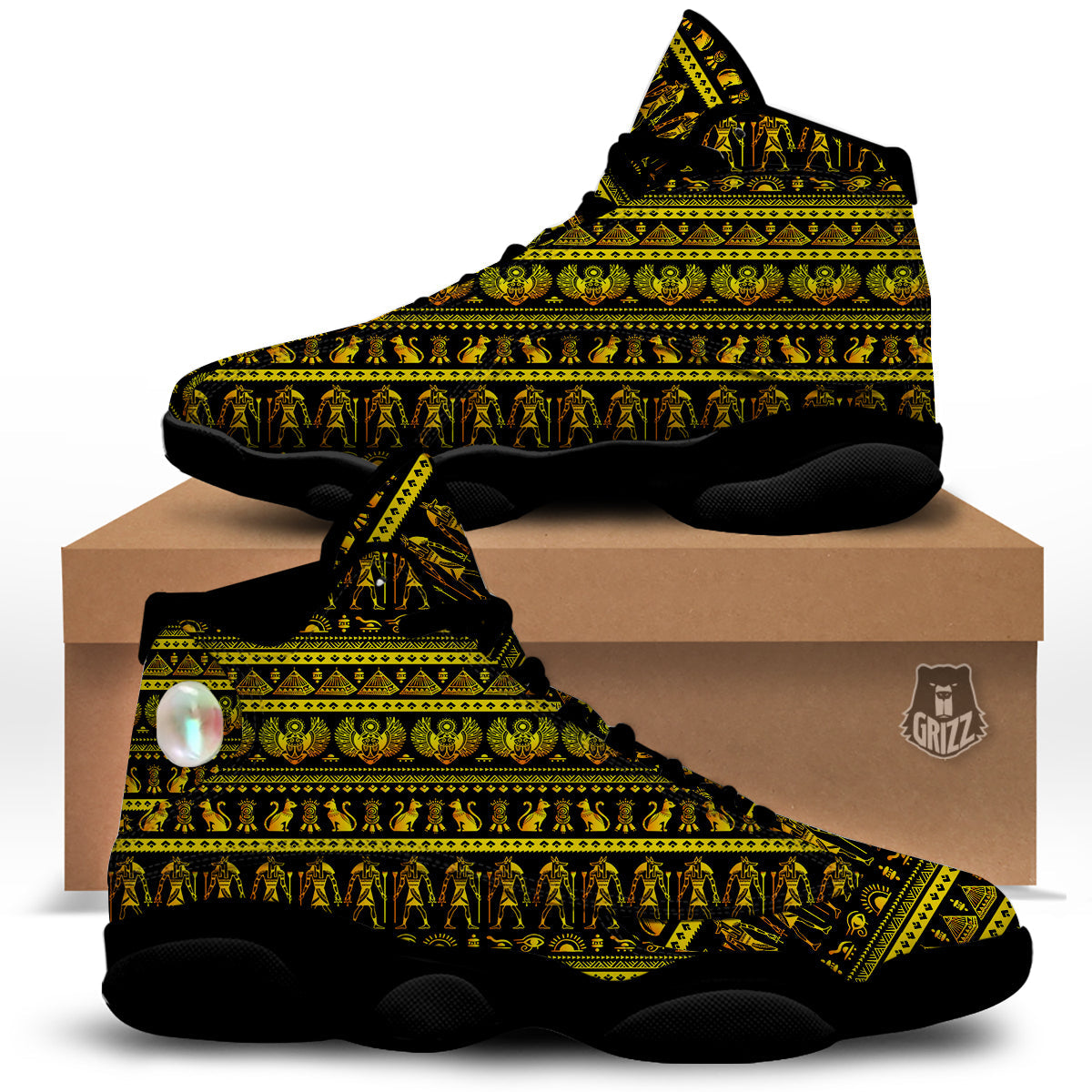 Gold Egypt Ethnic Print Black Basketball Shoes-grizzshop
