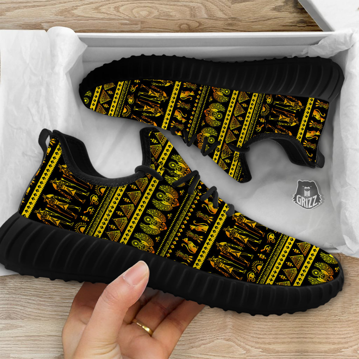 Gold Egypt Ethnic Print Black Walking Shoes-grizzshop