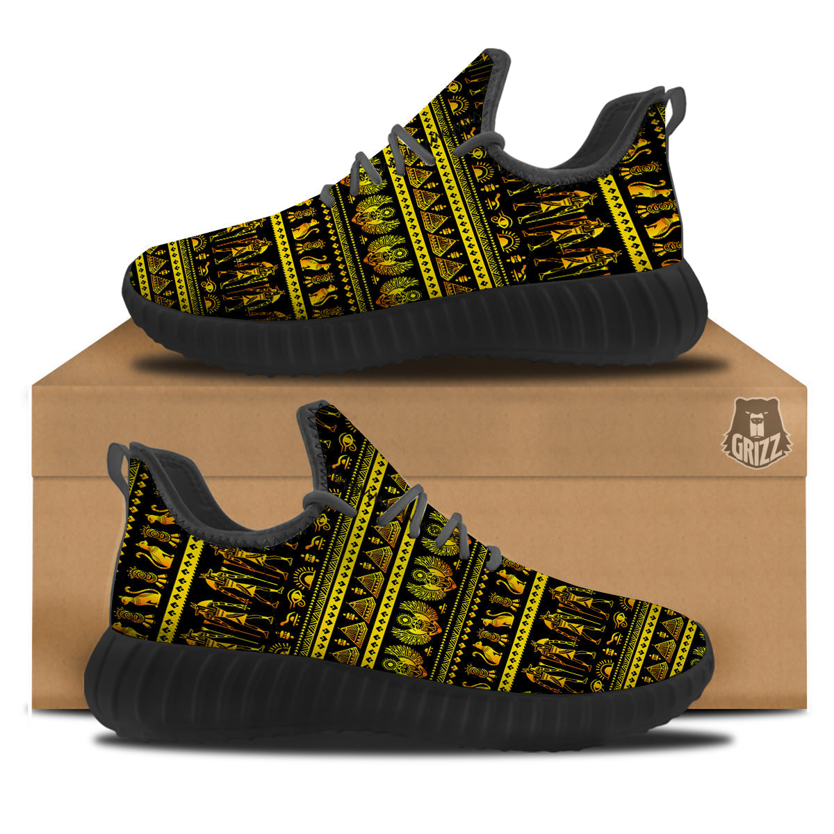 Gold Egypt Ethnic Print Black Walking Shoes-grizzshop